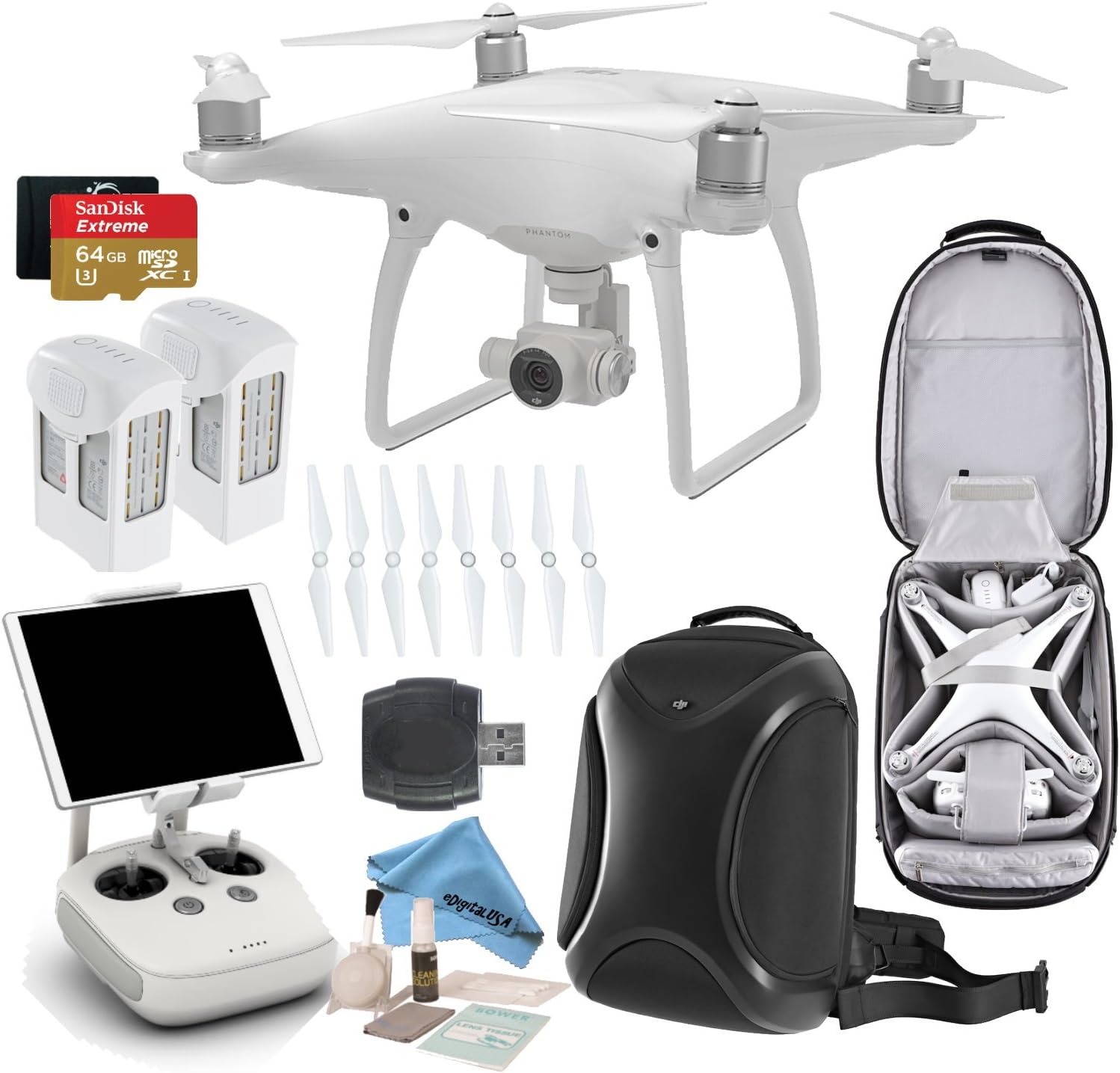 DJI Phantom 4 Quadcopter w/ eDigitalUSA Pro Bundle: Includes 2 Intelligent Flight Batteries, SanDisk 64GB Extreme MicroSD Card, DJI Professional Backpack and more...