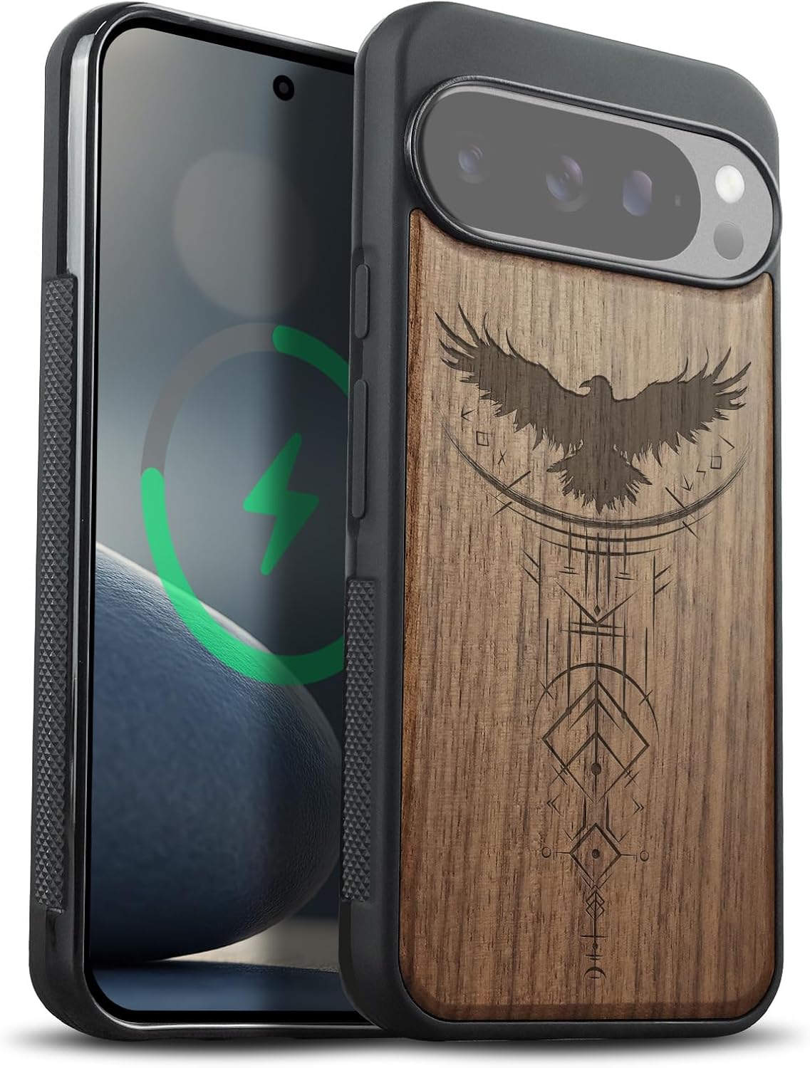 Carveit Magnetic Wooden Case for Google Pixel 10 Pro XL Case, Wood Artisan Engraved & Soft TPU Shockproof Cover, Compatible with MagSafe Wireless Chargers (Viking Amulet) Rosy