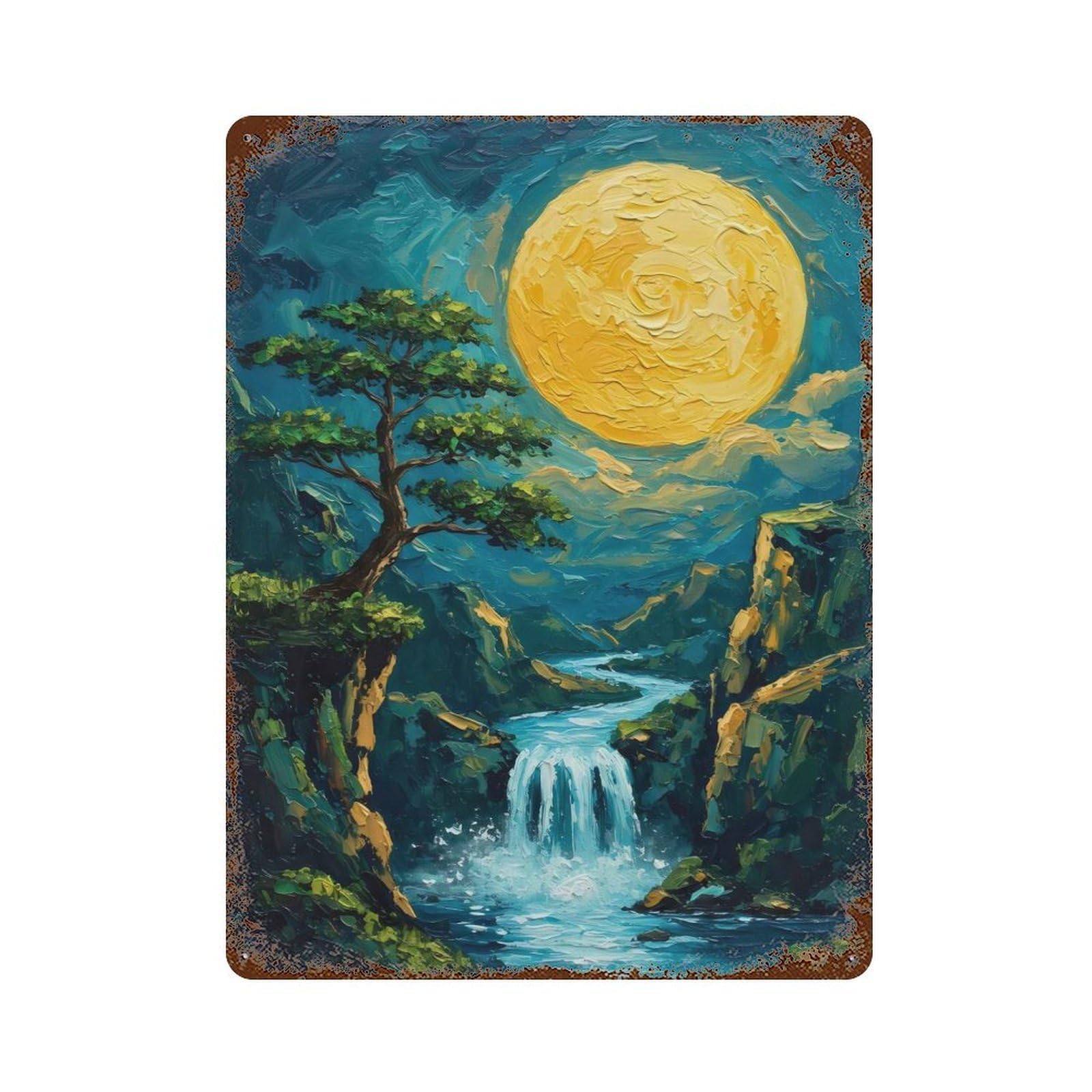 Moonlit Waterfall Landscape Painting Retro Metal Sign 15.7"x11.8", for Garage, Bar And Workshop Decor, Shabby Chic Decor