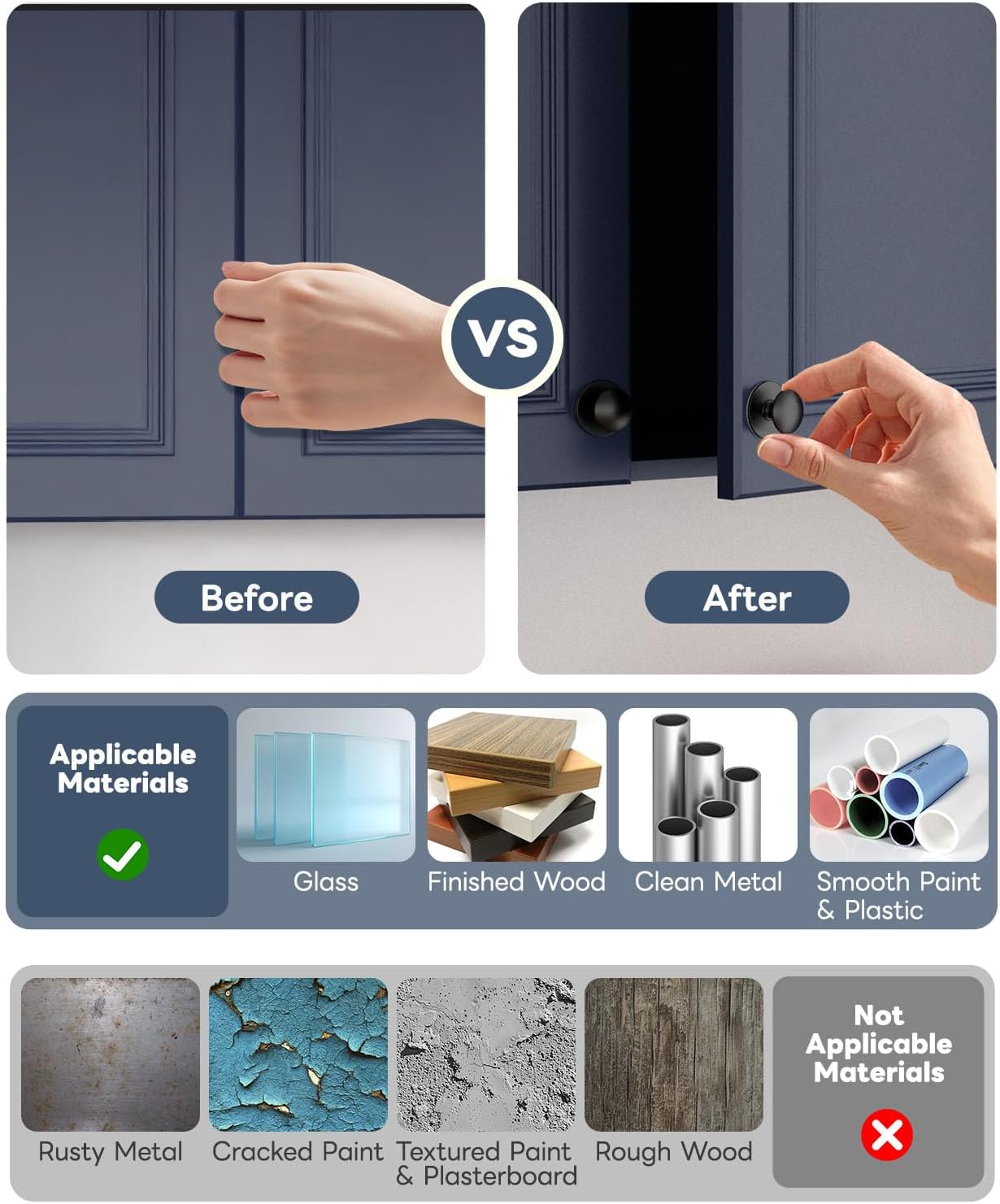 20 Pack Self Adhesive Cabinet Knobs, No Drilling Self Stick Drawer Knob, Stick-on Kitchen Cabinet Stainless Steel Handle Pull for Window, Wardrobe, Dresser, Cupboard, Closet (20, Black)