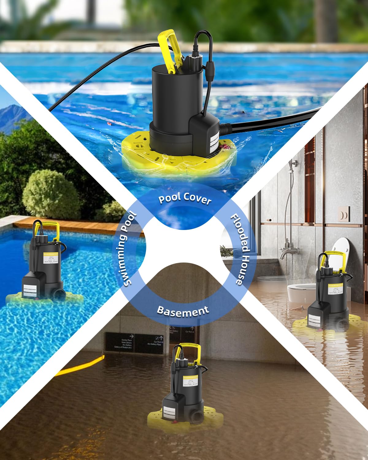 Bomba automática de cubierta de piscina – 1 CV 5000 GPH bomba de agua sumergible con válvula antirretorno y 3 adaptadores, cable de 7,6 m para bombas sobre el suelo, sistema de encendido/apagado