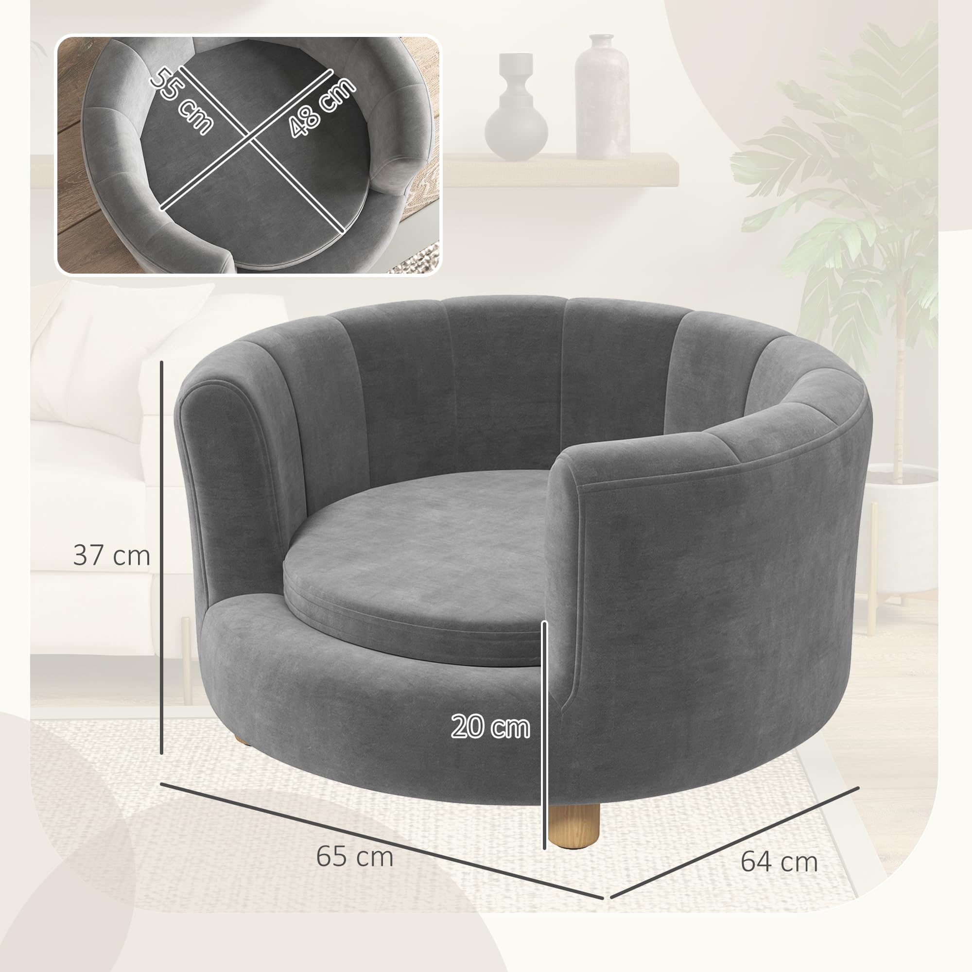 PawHut sofá para perros, funda lavable, sofá para mascotas con respaldo y patas de madera, sofá para gatos, para perros pequeños de menos de 4,5 kg, gris