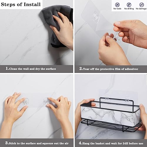 Miniatura 5 de Paquete de 2 organizadores de ducha, adhesivos sin perforaciones, estantes de ducha de baño inoxidables, estilo mármol inoxidable para organizador