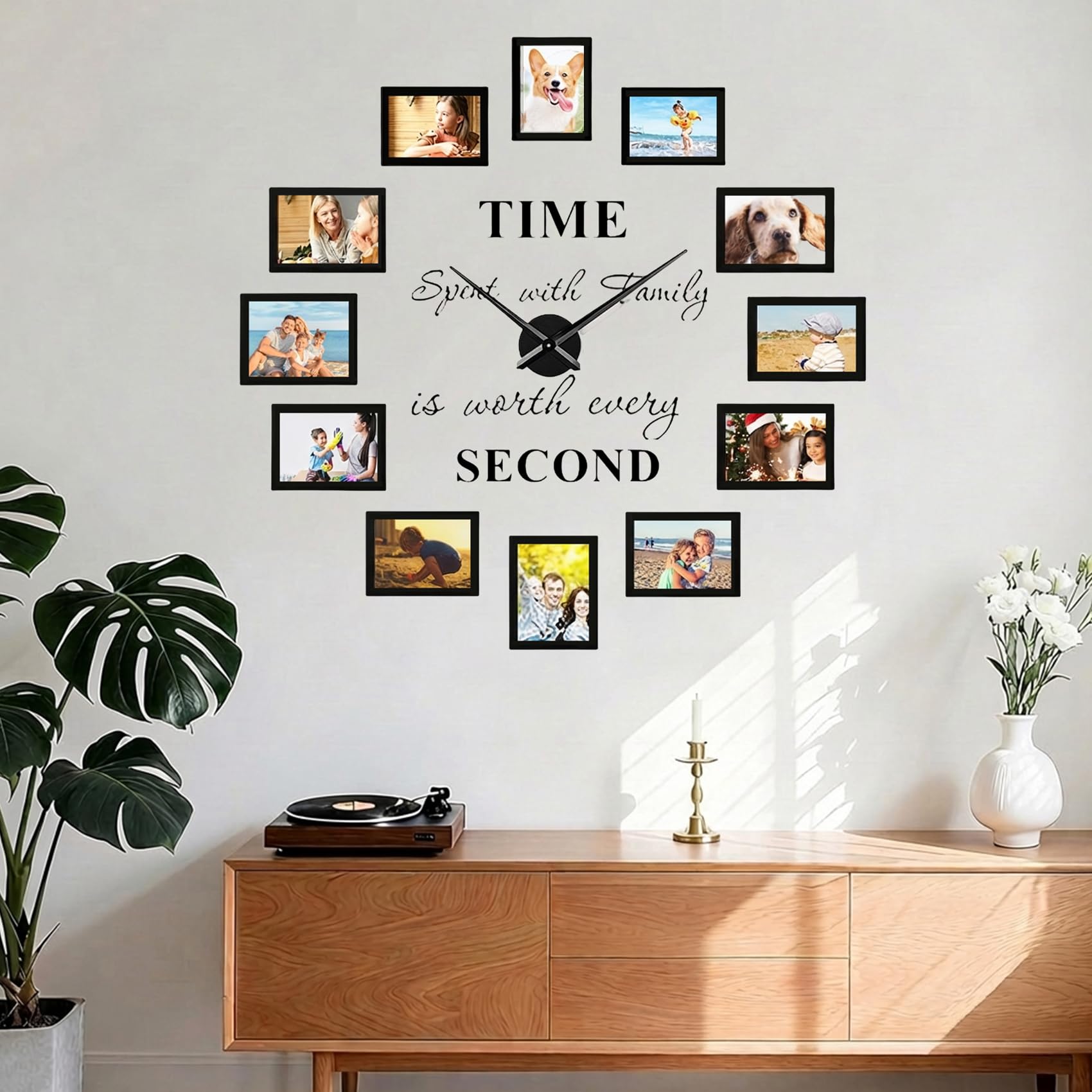 Luming DIY Wanduhr Groß Mit Bilderrahmen Collage - Modern Wohnzimmer Uhr Wand - 12 Stücke 10x15 Schwarz - Fotorahmen Set für Mehrere Fotos - Wall Clock Schwarz