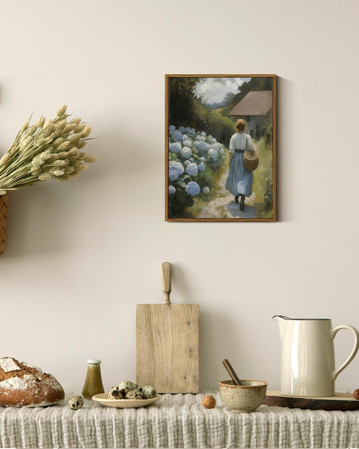 MTFBWY Blue Hydrangea Wall Art Framed, Vintage Floral Canvas Wall Art, Romantic Cottagecore Wall Decor, Soft Farmhouse Painting Picture Prints for Bathroom, Bedroom, Living Room 12" x 16"