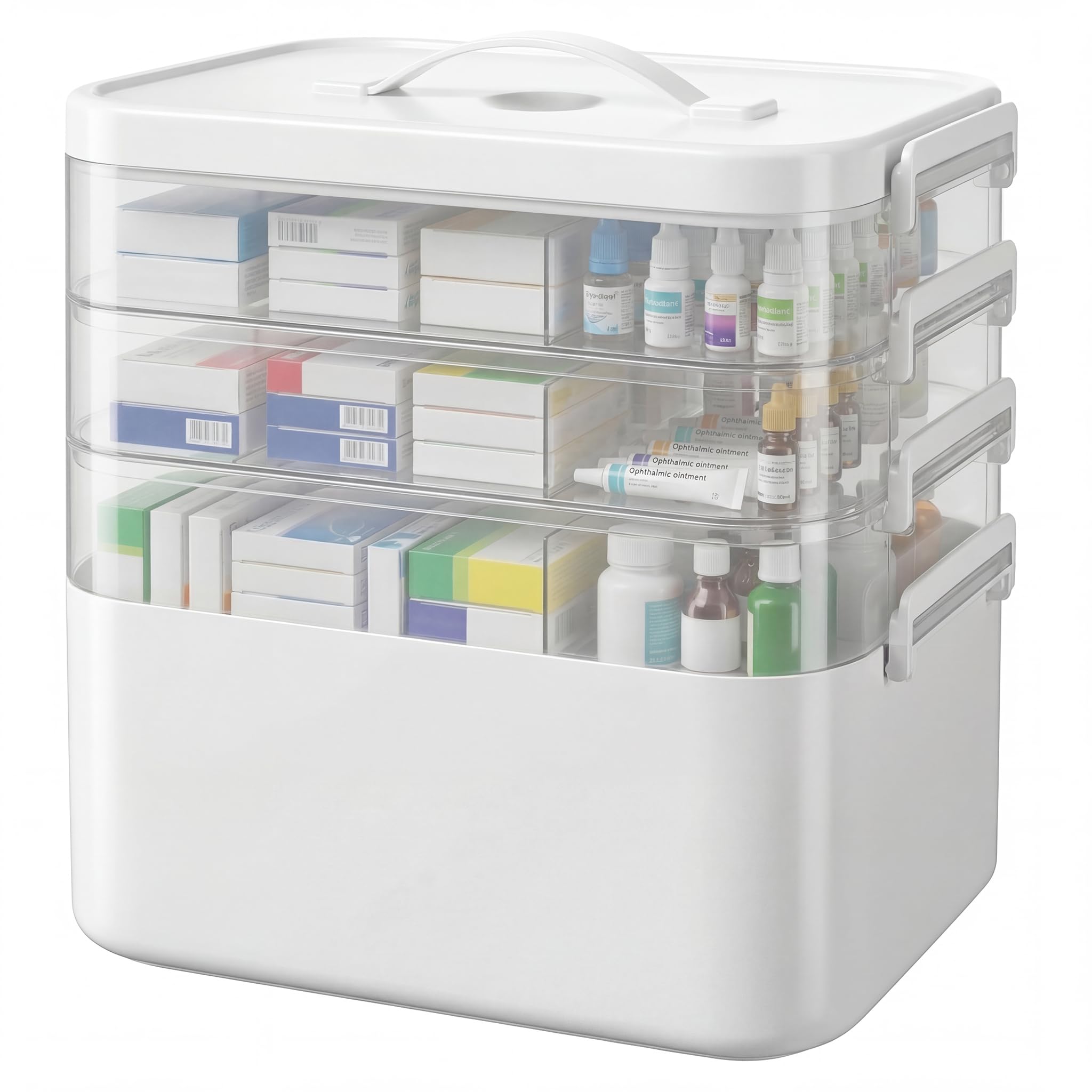 Kryndle Medicine Storage Box, 4 Layer Medicine Box with Portable Handle, Medication Storage Boxes with Compartment, Medical Organizer for Home, School, Office and Travel (White)