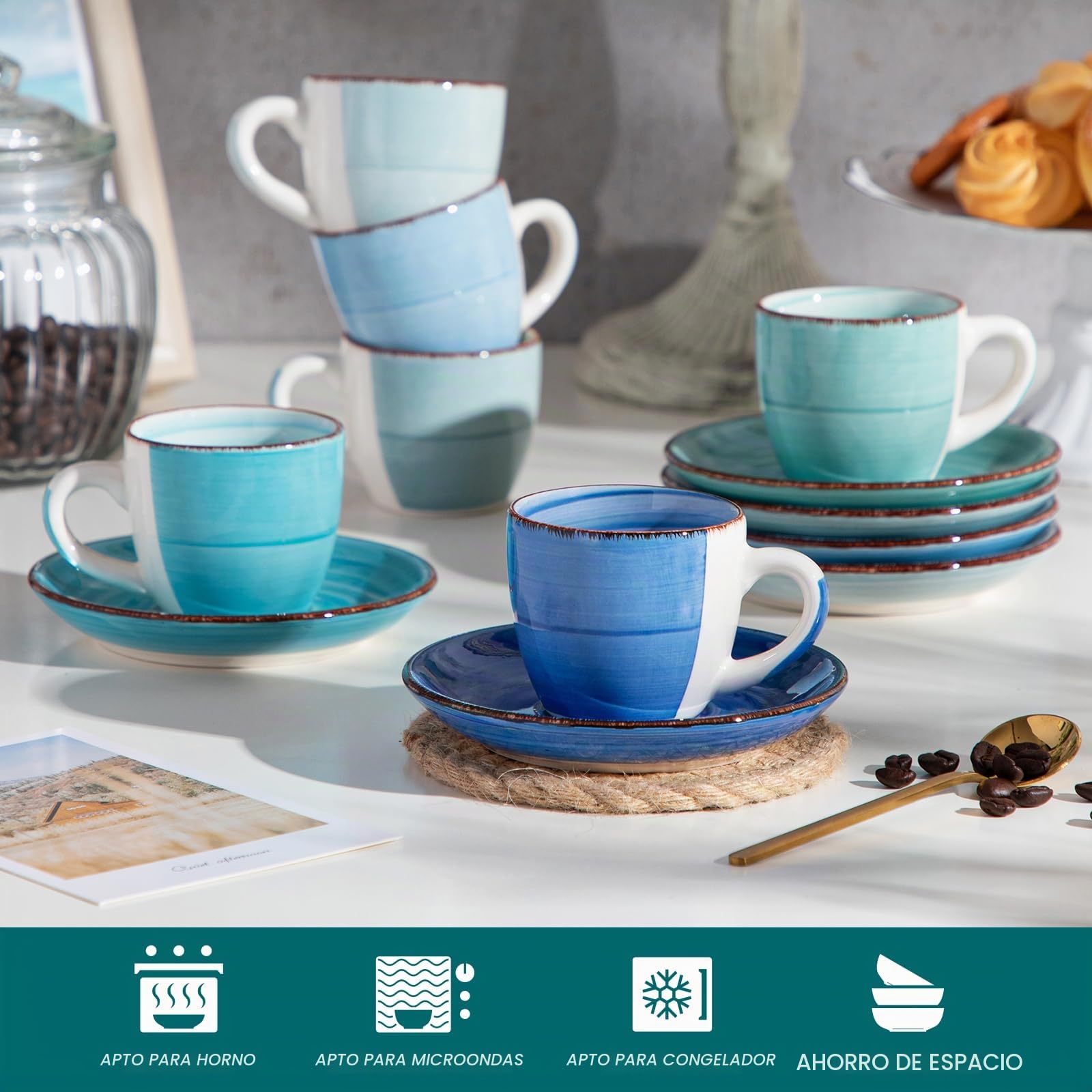 vancasso Cuenco de Cerámica, Juego de Tazas vancasso BONITA 12 piezas, Tazas de Espresso, Servicio de Café para 6 personas, Juego de Tazas, platillos, Estilo Arcoíris …