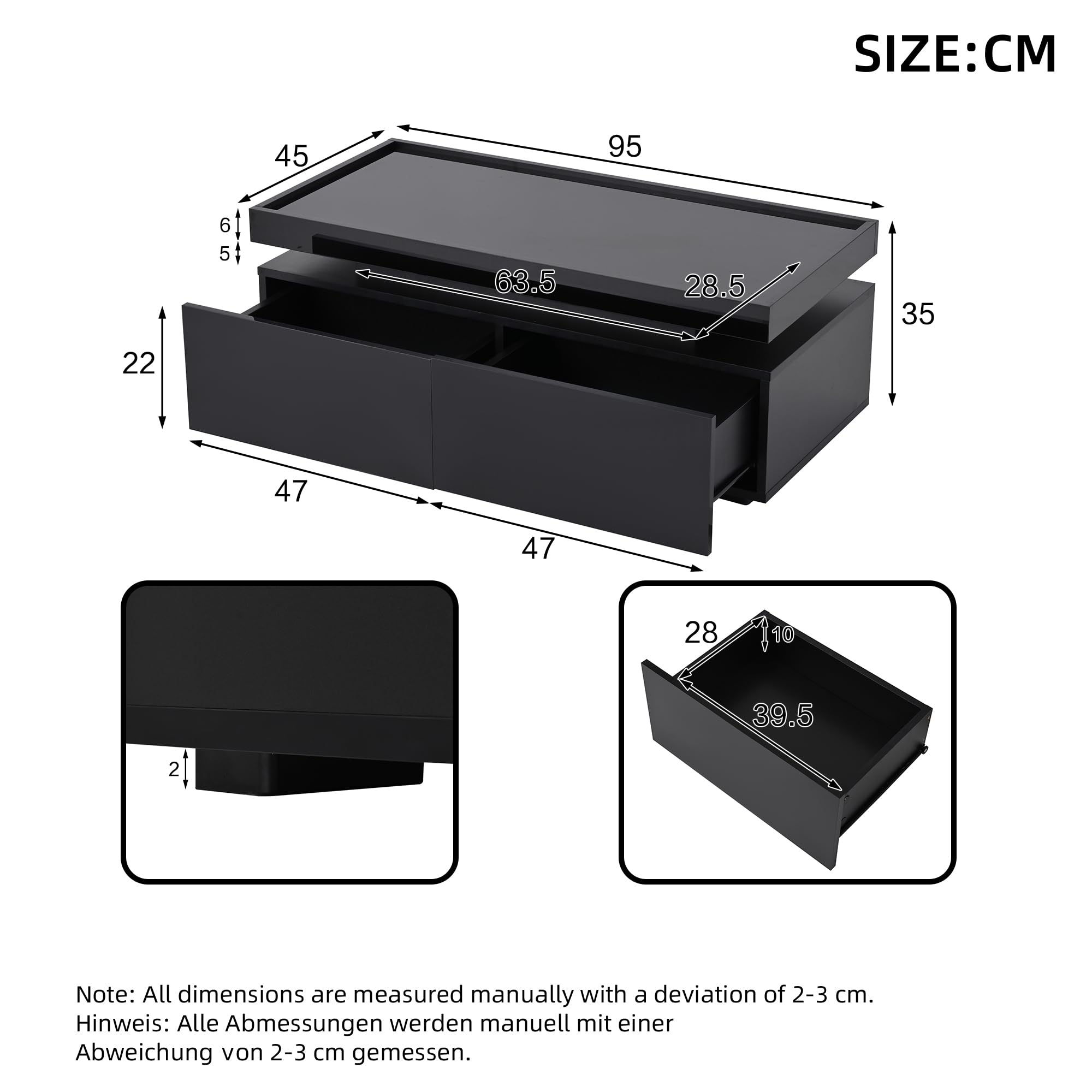 Stolik kawowy 95 x 45 x 35 cm czarny | stół do salonu, stolik kawowy | Nowoczesny stół do salonu z diodami LED, miejscem do przechowywania i szufladami – idealny jako stolik na co dzień i