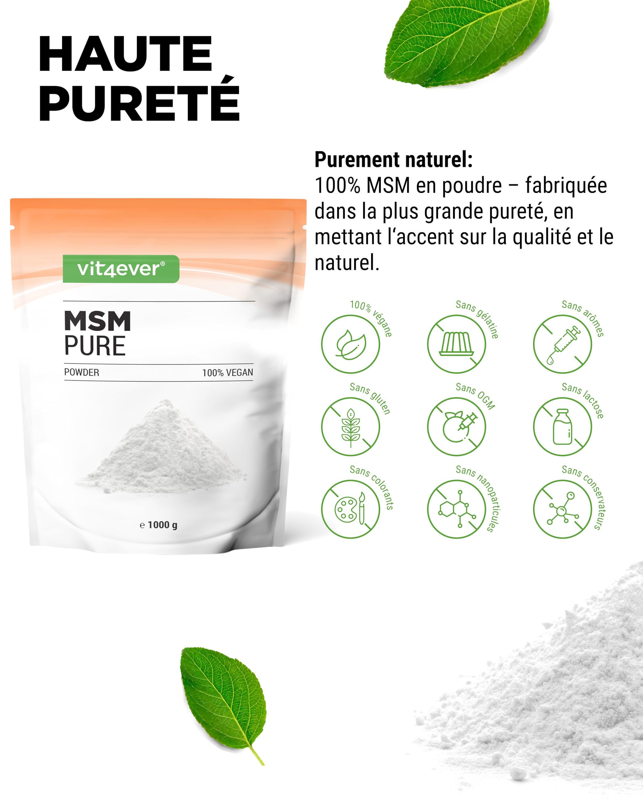 Poudre de MSM - 1 kg (1000 g) - 99,9% de Méthylsulfonylméthane Cristallin Pur - Facteur Mesh 40-80 - Soufre Organique - Végane, Sans Additifs