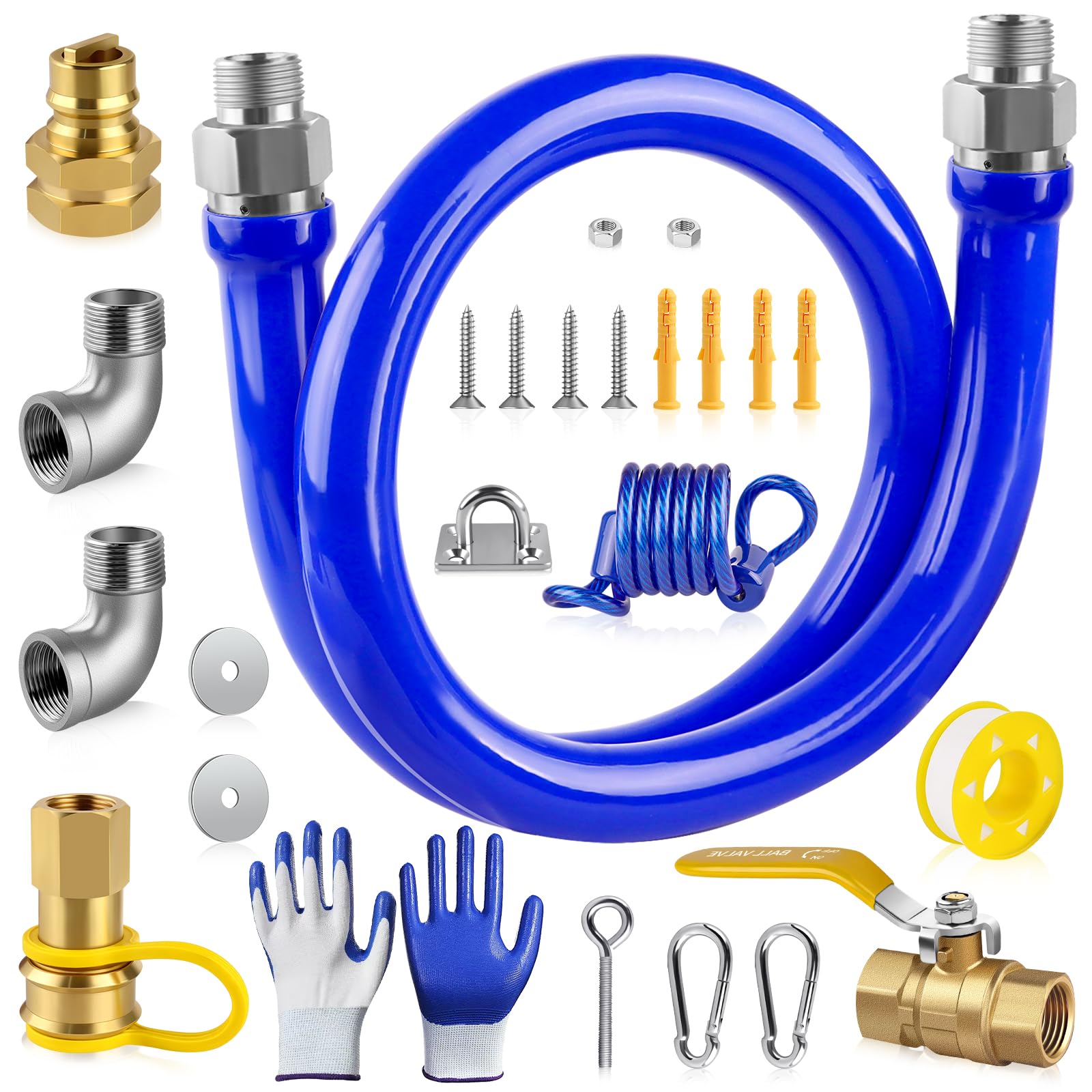 Photo 1 of Boltigen 1675KITB48 Safety System Kit, 48 inch Commercial Gas Hose with 3/4" id, Natural Gas Line Hose Connector Kit Comes with Elbows Quick Disconnect Full Port Brass Gas Valve Restraining Device