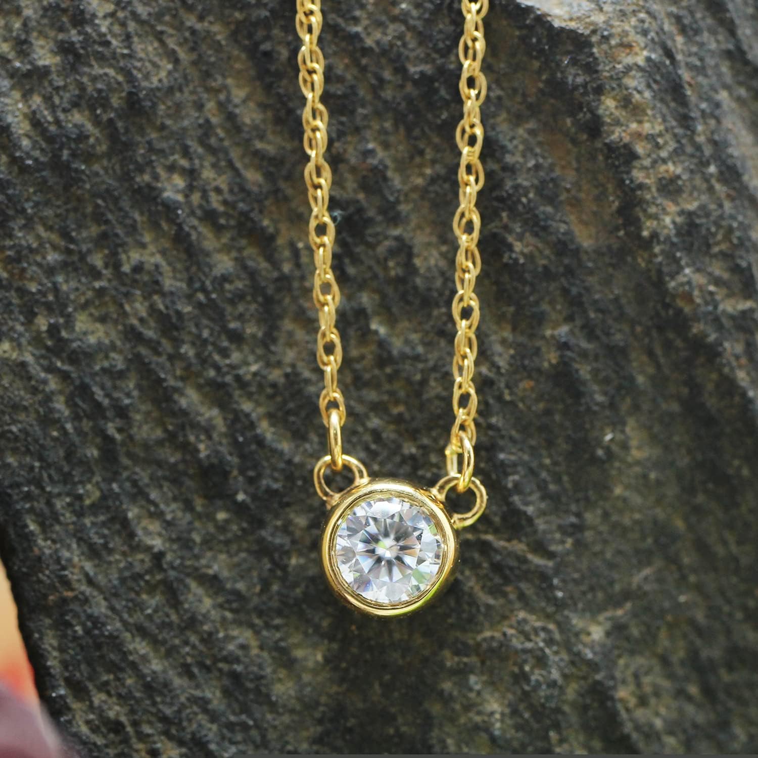 SAVEARTH DIAMONDS 1/5 Carat Round Cut Lab Created Moissanite Diamond Bezel Set Solitaire Pendant Necklace In 14k Gold Plated 925 Sterling Silver Jewelry With 18" Chain, 0.20 Cttw