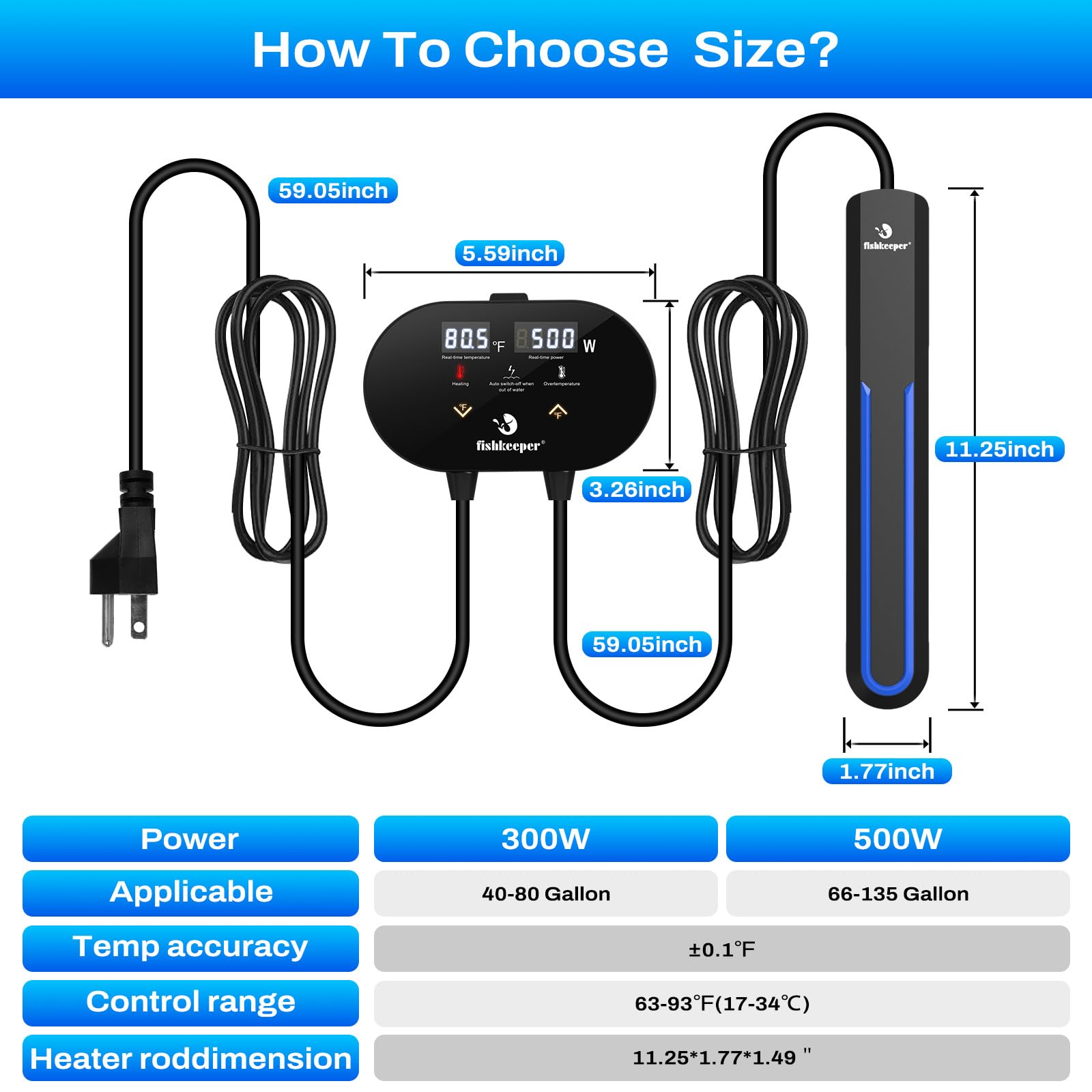 fishkeeper Aquarium-Heizung mit intelligentem LED-Alarm-Temperaturregler, 500 W tauchfähiger Aquarium-Heizstrahler für 180 - 500 Liter, lässt Wasser automatisch aufhören, für Süß- und Salzwasser
