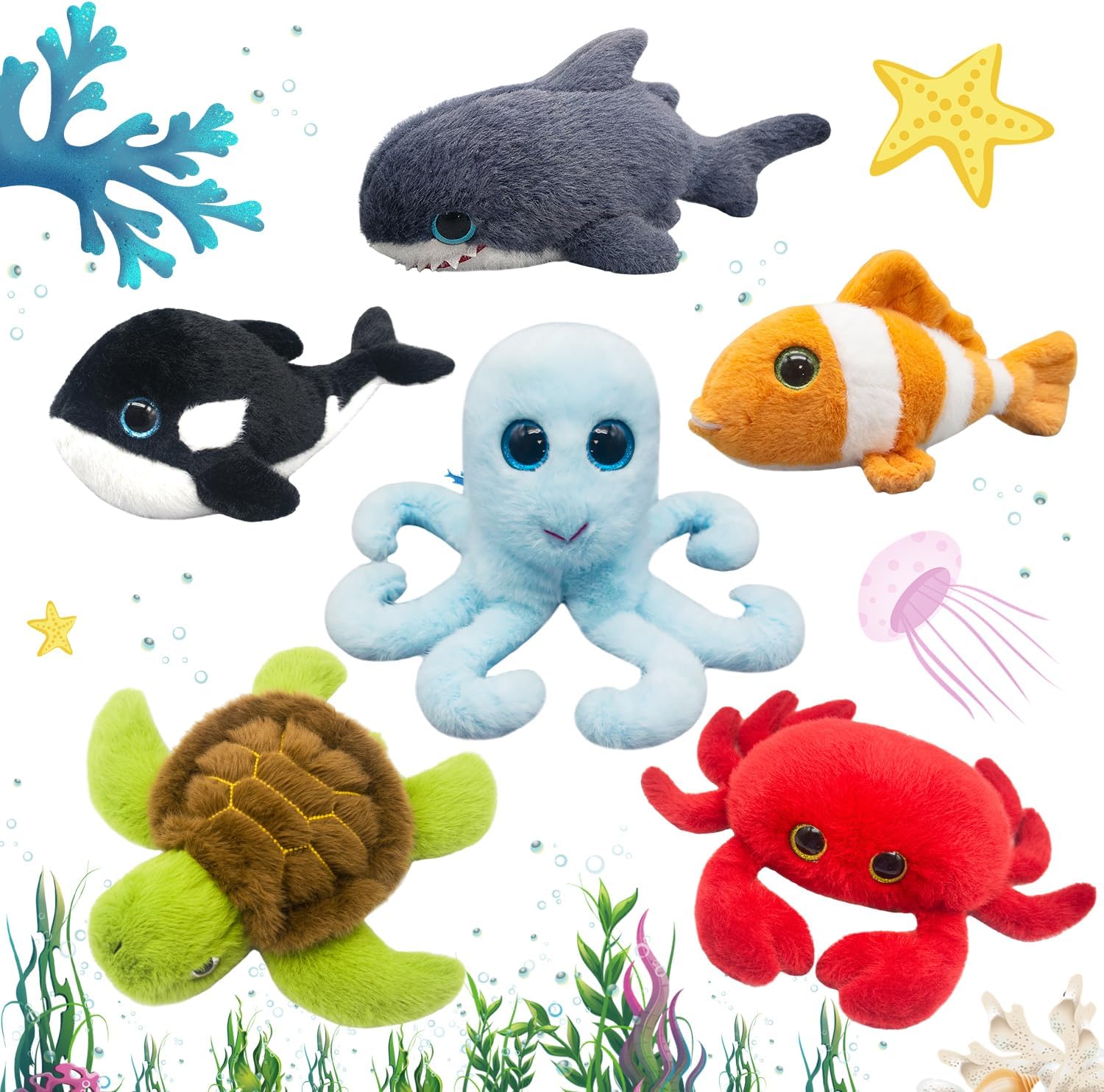 6Pcs Ocean Stuffed Animals Bulk Small Sea Creature Plush Toys Soft Sea Animal Plushies Cute Turtle Shark Octopus Orac Crab Clownfish Stuffed Animal Birthday Easter Gifts for Girls Kids
