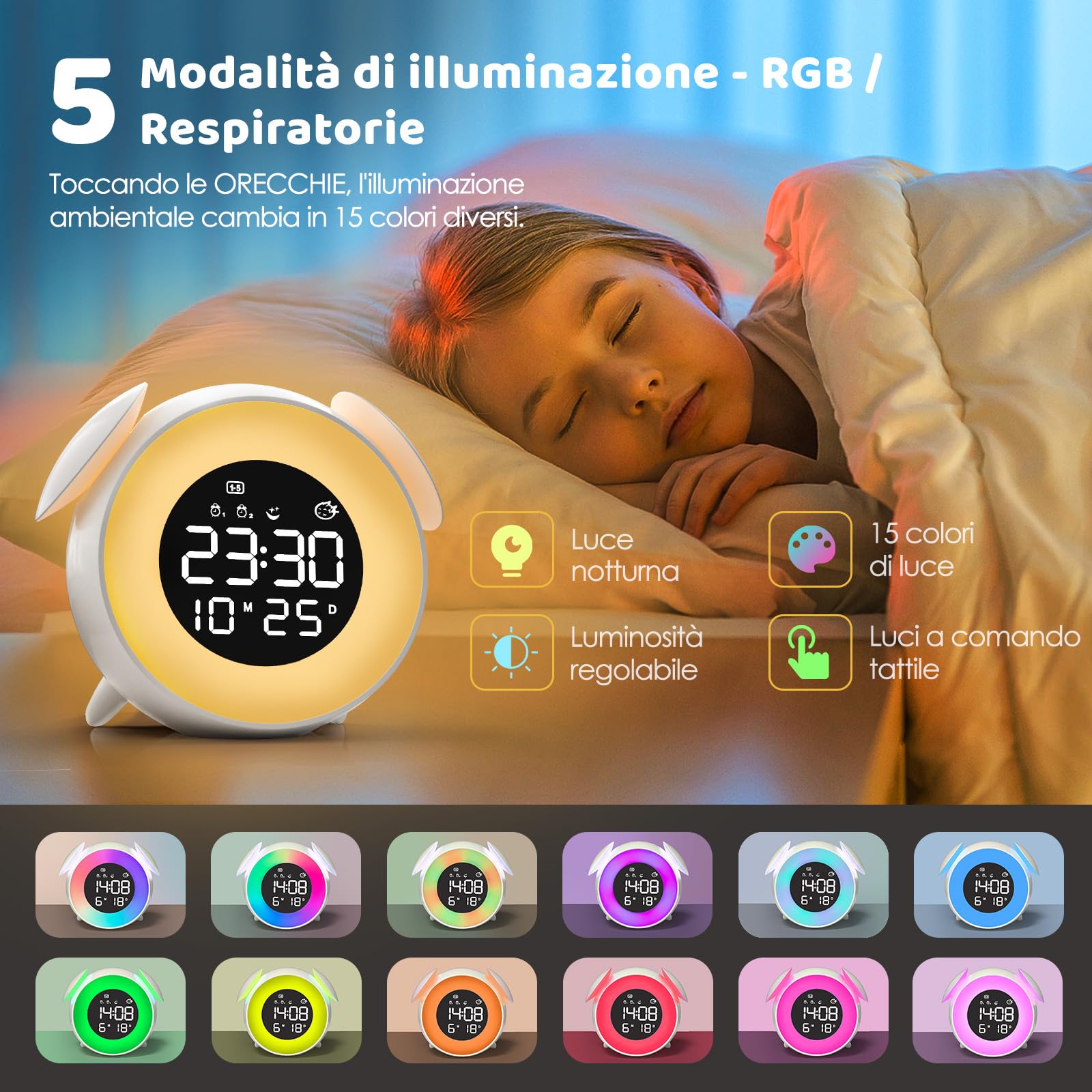 Sveglia Bambini, Sveglia Digitale da Comodino Ricaricabile con 15 Colori Luce Notturna, Simulazione Alba/Tramonto, 2 Allarme, Snooze, 7 Suonerie, Modalità Weekend, 12/24 Ore