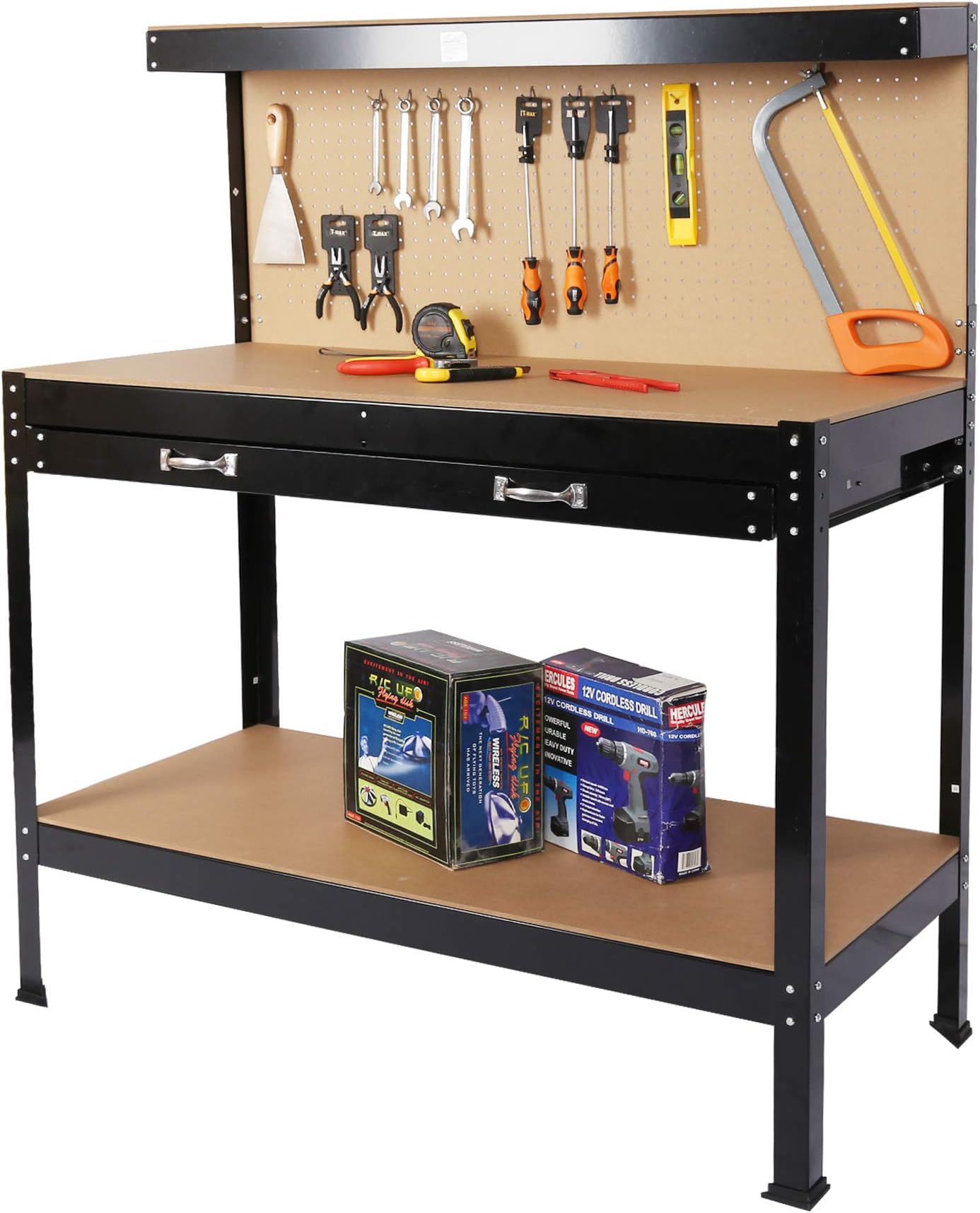 Workbench, Steel Garage Workbench, Tool Storage Work Bench Workshop Tools Table with Drawer and Peg Board, Load Bearing 300 Lbs, Suitable for Garage Shop Home Garage Office Use (55" x 45.3" x 21.7")