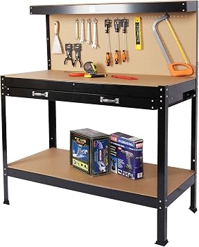 48" Garage Workbench with Pegboard, Heavy-Duty Workbench with Drawer, Tool Storage Work Bench with Storage, Steel Workbenches for Garage, Workshop, Office, Home