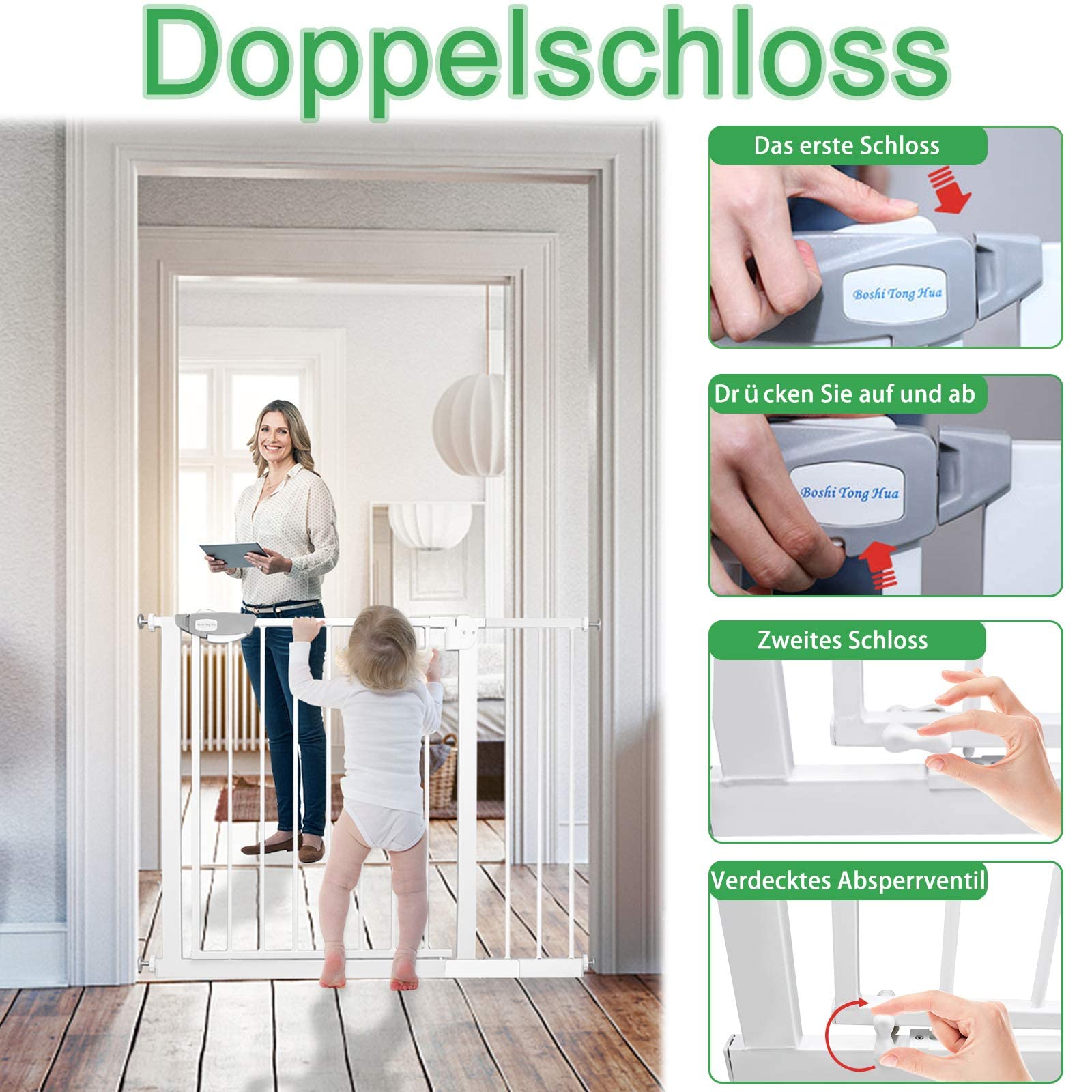 FIVMEN Barrera de Seguridad de Niños Puerta de Seguridad para Puertas y Escaleras Sin Perforación con Cierre Automático Barandilla Escalera para Perros y Bebés 85-95cm (Blanco)