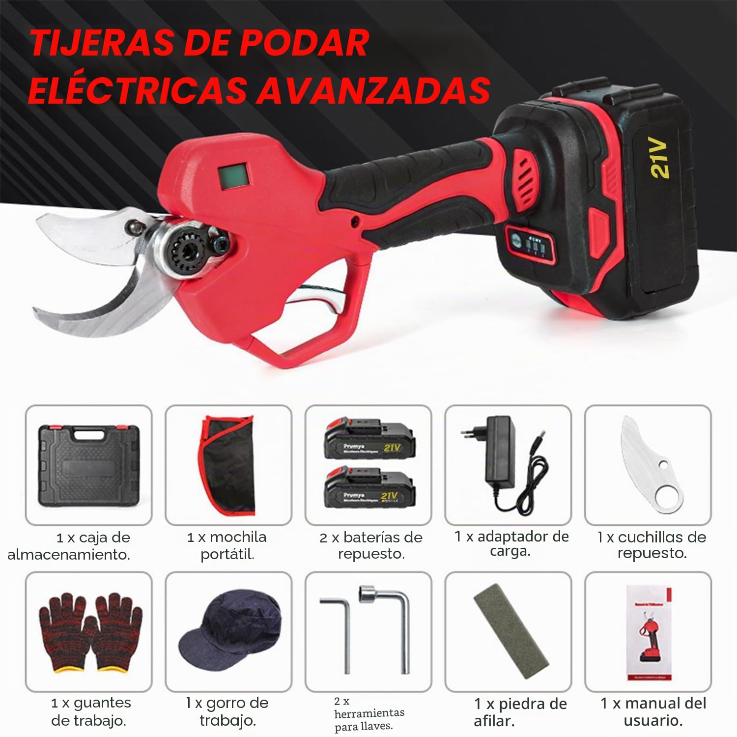 50 mm Tijeras eléctricas inalámbricas sin escobillas 21 V, tijeras eléctricas con pantalla, tijeras de podar profesionales con 2 baterías de 1,5 Ah para jardines, ramas y árboles frutales (2 baterías)