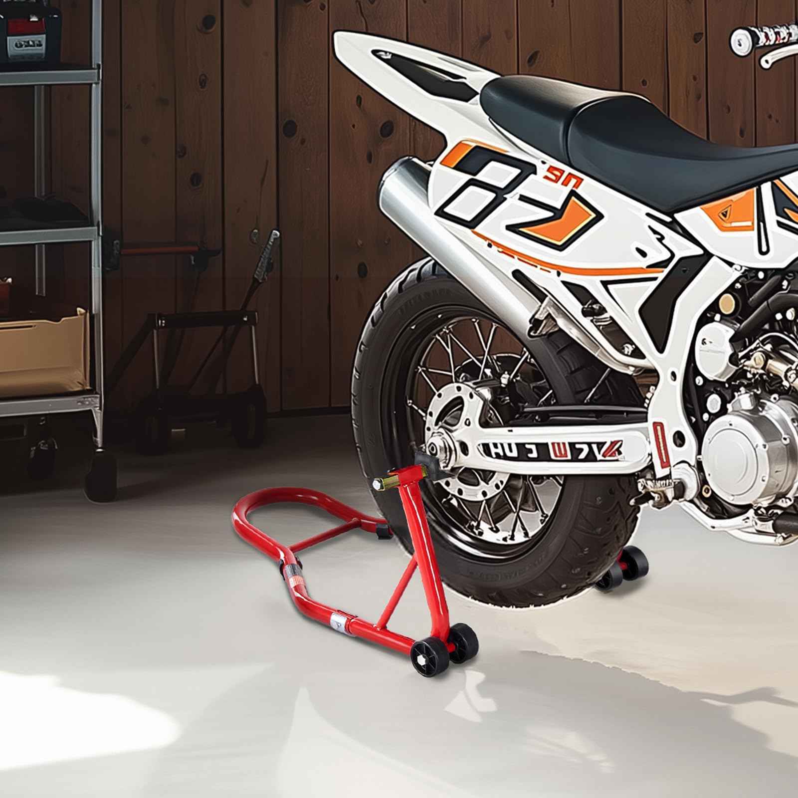 VEVOR Soporte para Rueda Trasera de Motocicleta, Capacidad de 390 kg, Resistente, con Horquilla en U y L, para Motocicleta, para Suzuki, Yamaha, Honda y Kawasaki, Color Rojo, 770 x 540 x 350 mm
