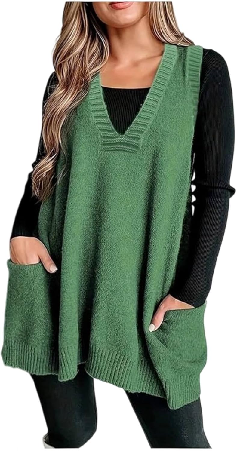 SHENHE Women's Plus Size V Neck Sleeveless Loose Knit Overall Sweater Vest Dress with Pockets