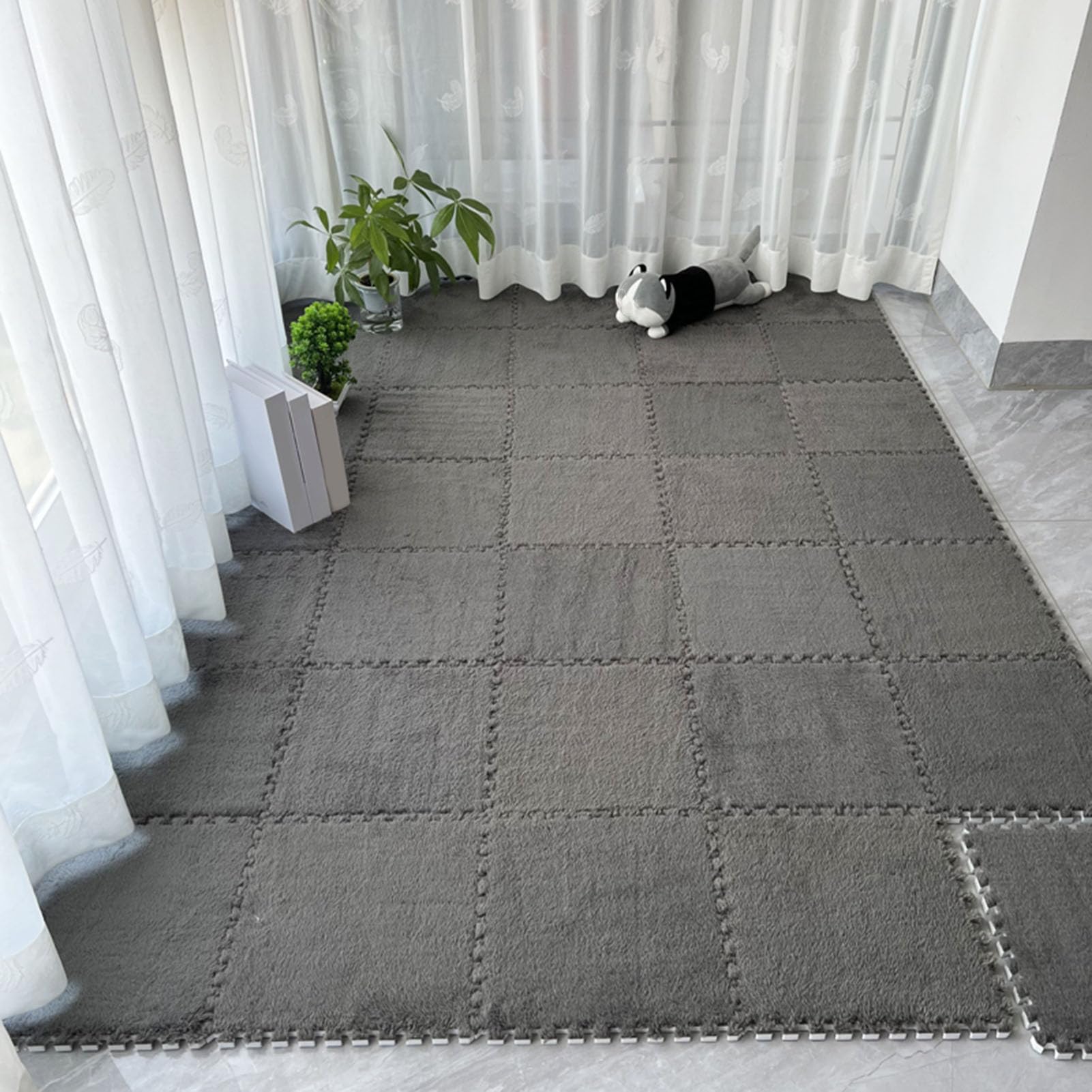 Kwadratowa mata z puzzlami, 100 sztuk, puszysty dywan, 30 cm blokujące się płytki dywanowe, grubość 0,6 i 1 cm, miękka antypoślizgowa pluszowa mata podłogowa z pianki (szara 0,39 cala)