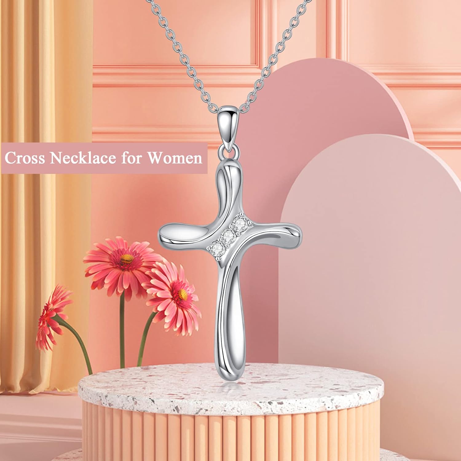 Moissanite Diamond Cross Necklace for Women 18K White Gold Plated Silver Crucifix Cross Pendant Necklace Faith Jewelry Birthday Mother's Day Gift for Her Mom, 18+2 Inch - Image 2