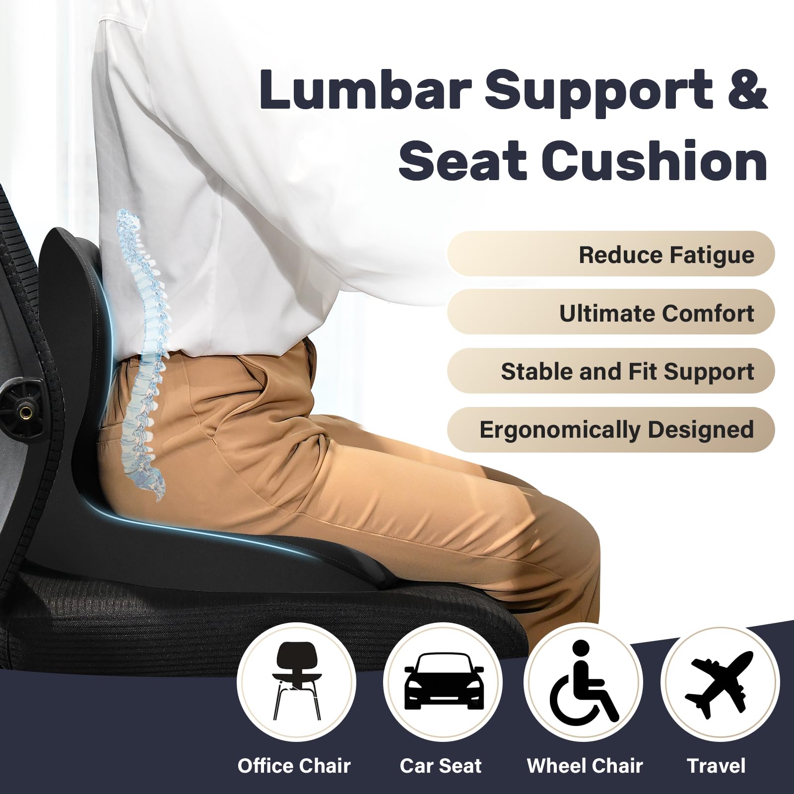 Coverado Cuscino Lombare e Cuscino di seduta Auto, Ergonomico Supporto Lombare per Auto in Memory Foam, Sedia da scrivania Cuscino di sostegno posteriore per la Casa, Ufficio