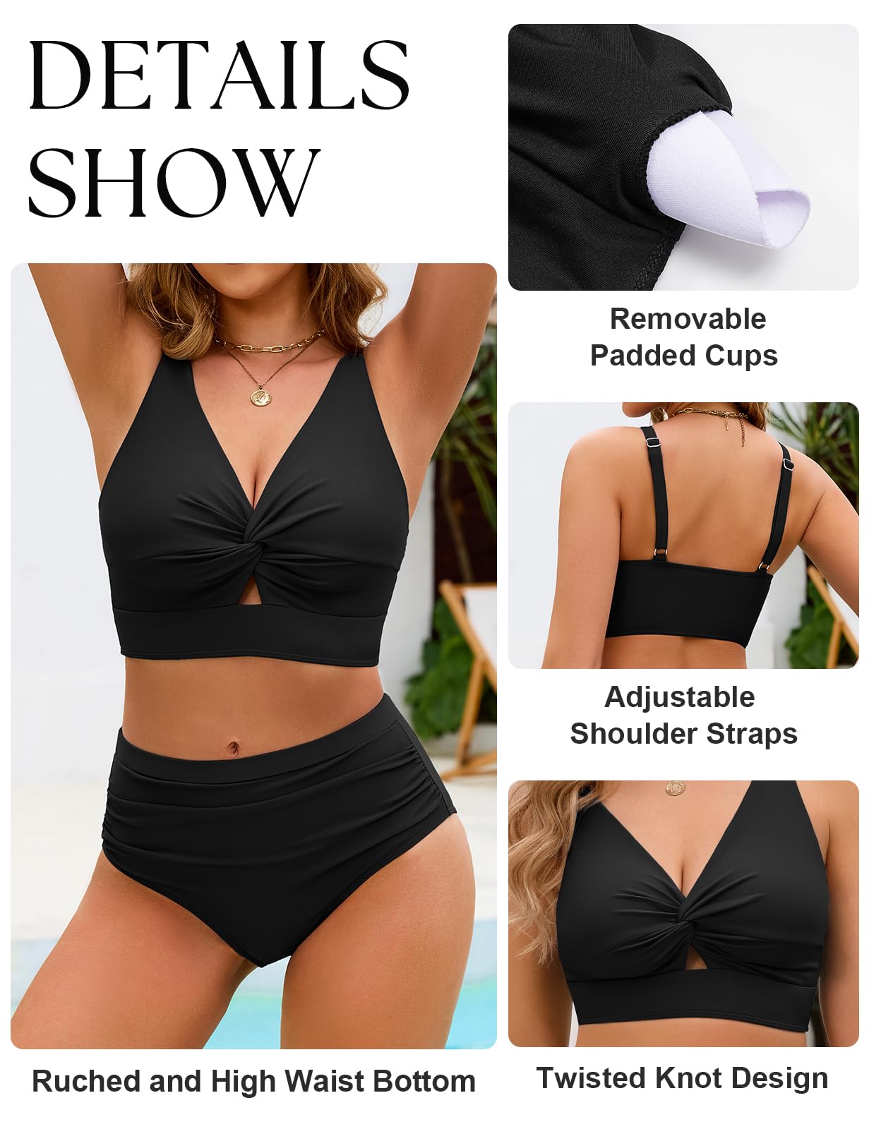 Nadeer Maillots de Bain Femme 2 Pieces Torsadé Push Up Cut Out Ensembles Bikini Gainant Ventre Plat Taille Haute Élégant Swimwear avec Imprimé Floral