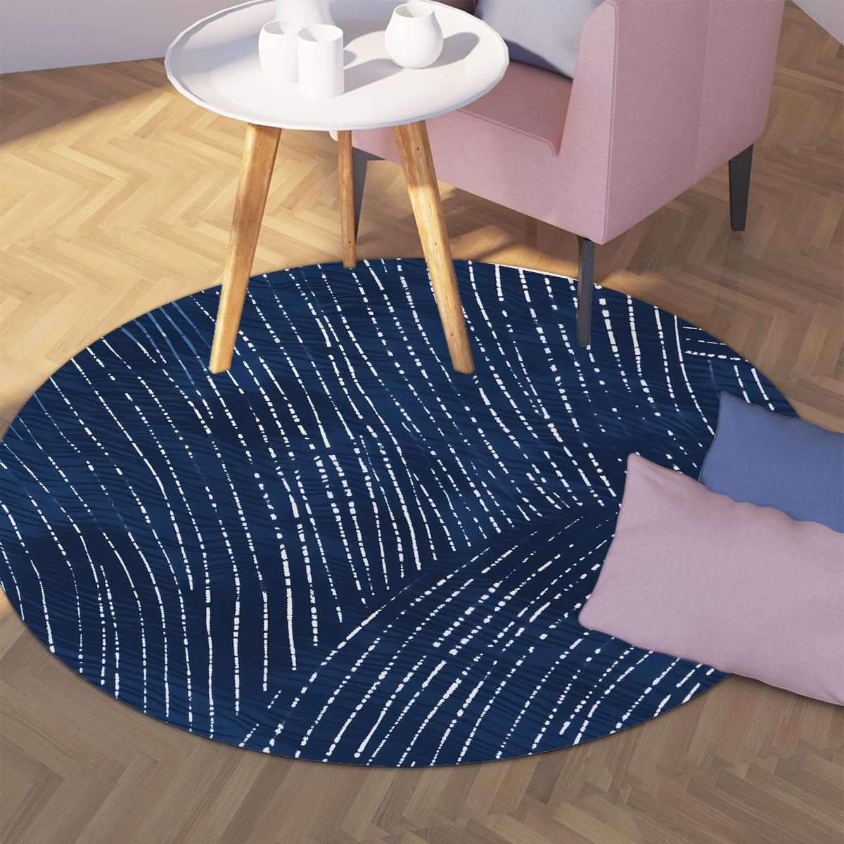 Okrągłe dywaniki 180 cm (okrągłe) dywaniki salon minimalistyczny wzór linii granatowy paski abstrakcyjny antypoślizgowy dywan do jadalni sypialni biura