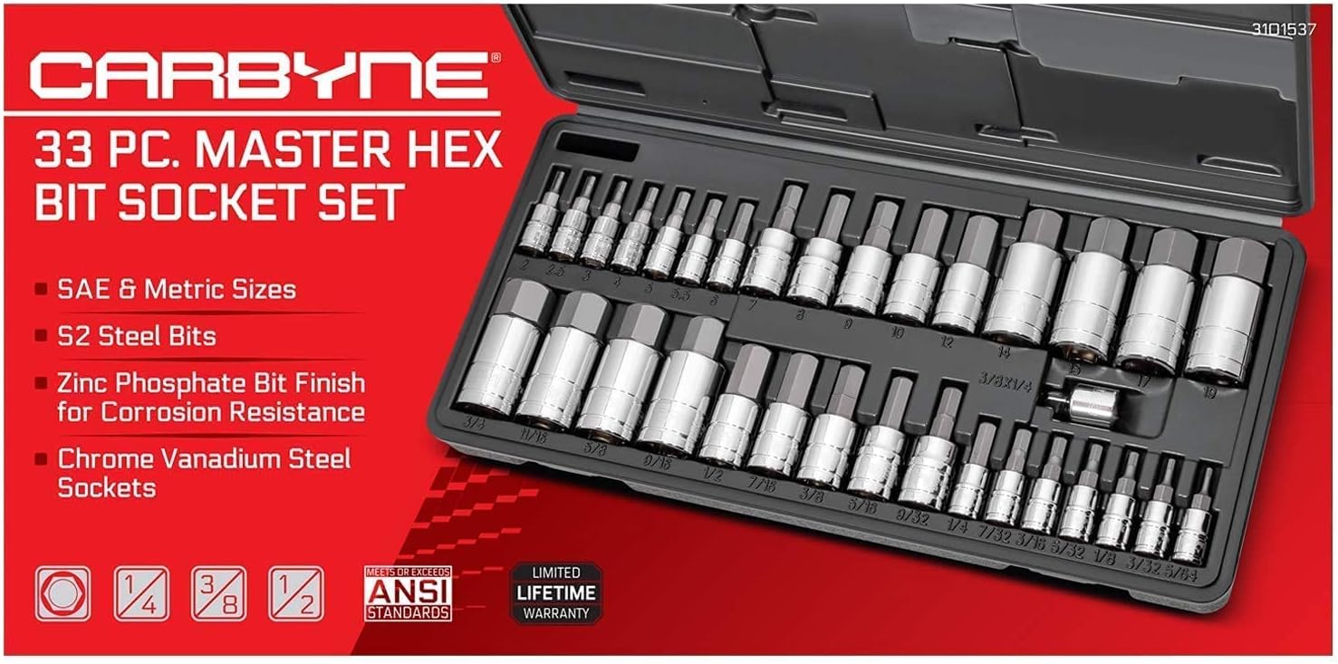 CARBYNE 33 Piece Master Hex Bit Socket Set, AND 7 Piece Extra Long Hex Bit Socket Set – Metric, AND 7 Piece Extra Long Hex Bit Socket Set – SAE. 47 Pieces – Standard & Extra Long