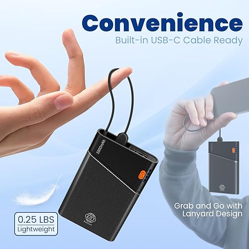 Miniatura 3 de Power Bank 5000mAh, cargador portátil de carga rápida con cable USB-C integrado, color negro