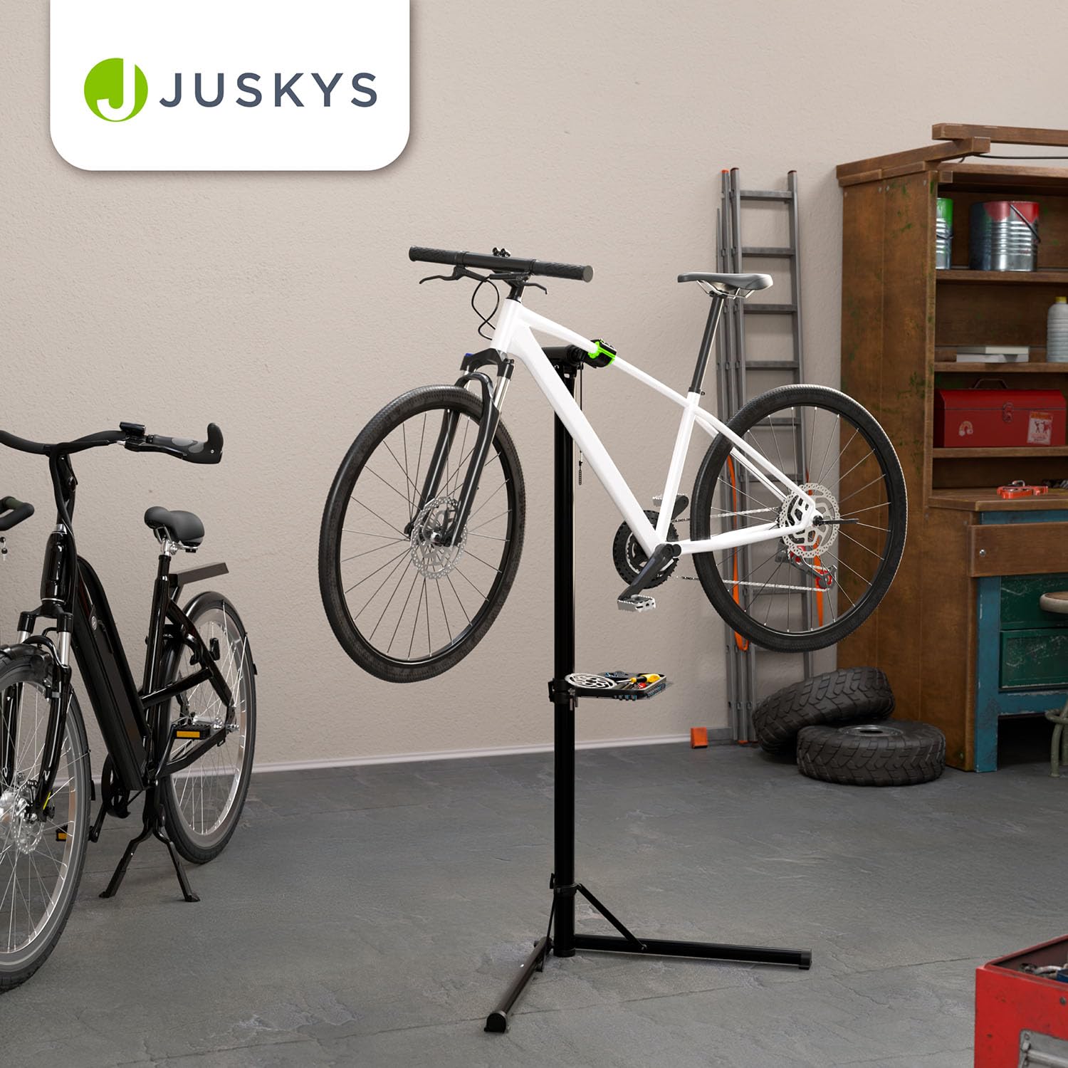 Juskys Fahrrad Reparaturständer, bis 50 kg für E-Bike, klappbar & höhenverstellbar, Klemmkopf 360° drehbar, Gummibeschichtung & Werkzeugablage, Schwerlast Fahrradständer für 24 bis 29 Zoll Fährräder
