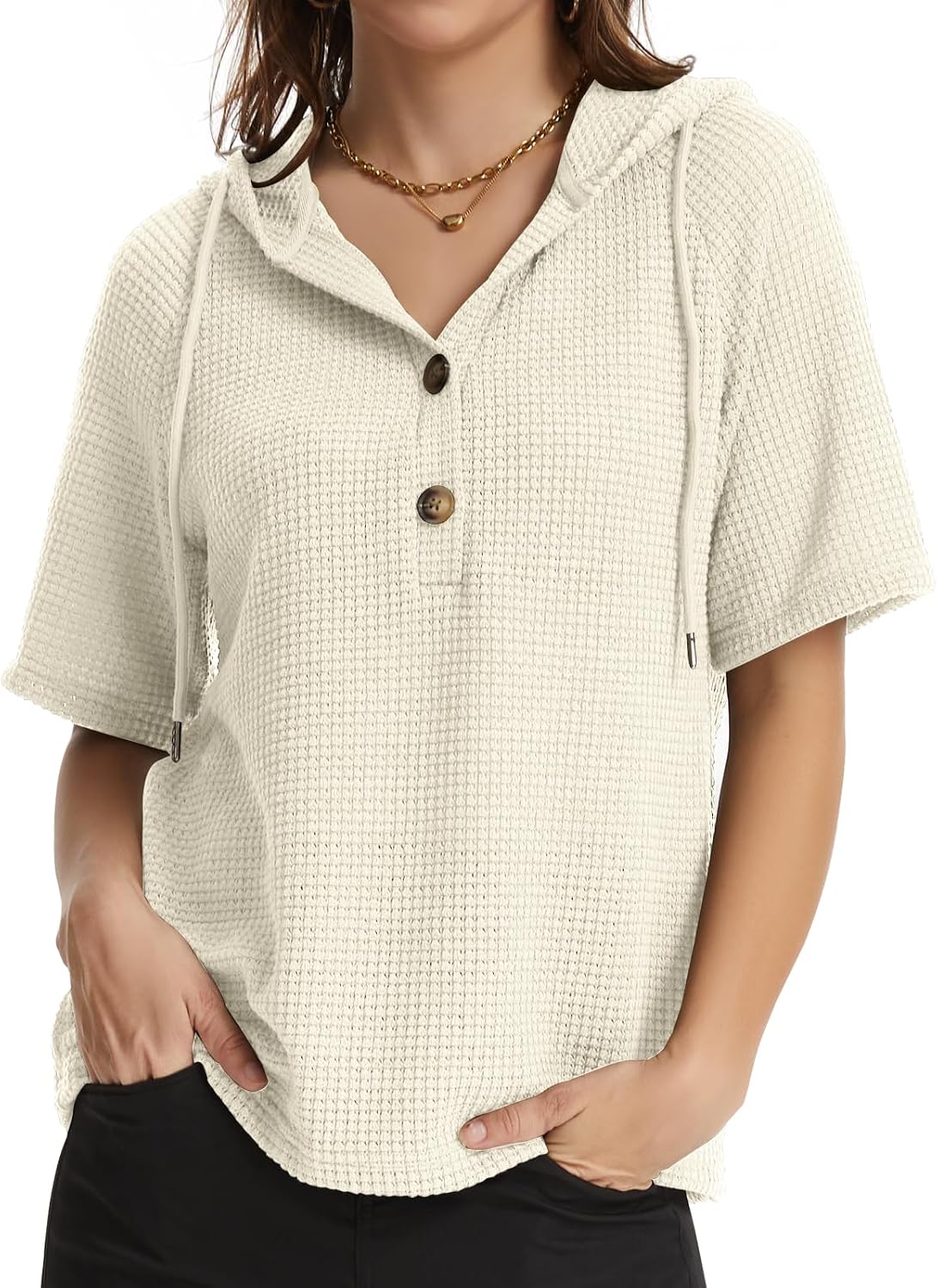 Womens Oversized Waffle Knit Hoodies Sweatshirt Casual Drawstring Button V-Neck Pullover for Daily Wear and Travel