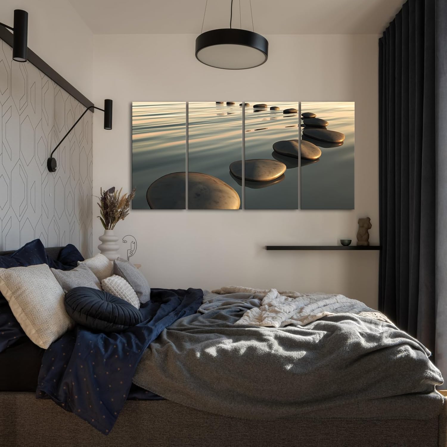 LevvArts - Large Zen Canvas Wall Art Basalt Stone at Sunset Relax Picture Spa Living Room Office Wall Decor Peaceful Scenery Artwork Framed Ready to Hang- 64" W x 32" H Overall