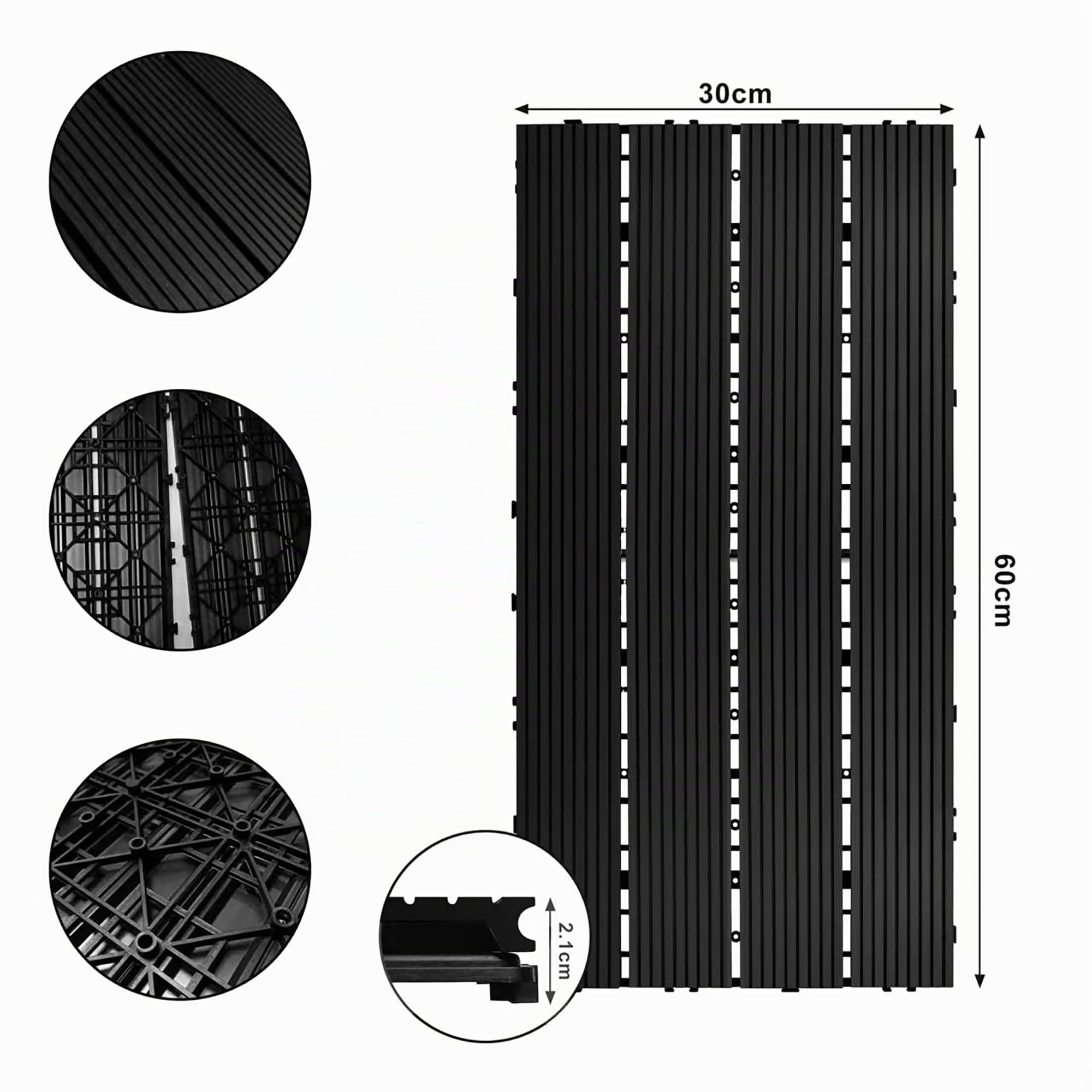 Relaxdays Dalles WPC 6 pcs 60x30 cm, clipsable, résistantes aux intempéries, 1,1 m², Effet Bois, Anthracite