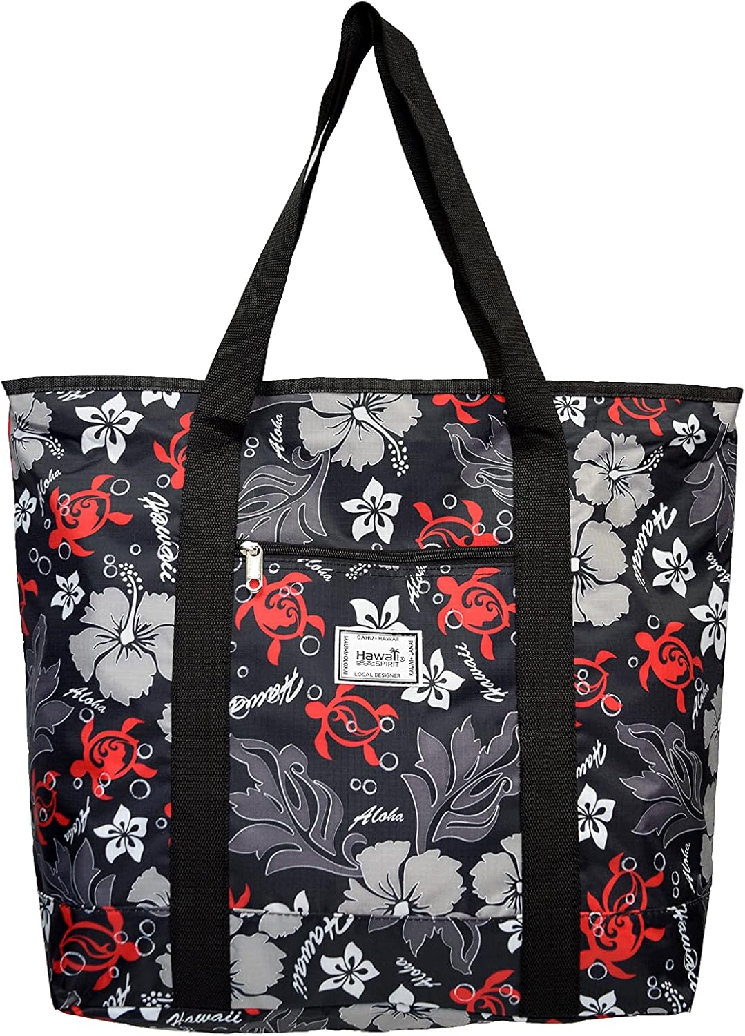 Hawaiian Print Large Zipper Tote Bag 8006 (Honu Family 2 - Black)