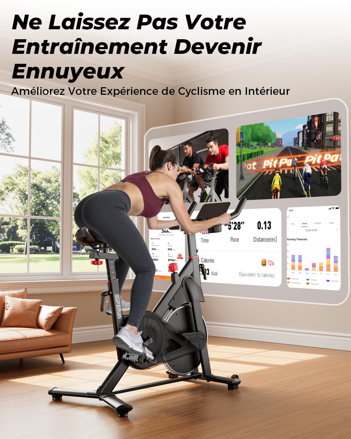 Superun Vélo d'Appartement 32 Niveaux Résistance Magnétique Connecté APP Charge Max 136KG