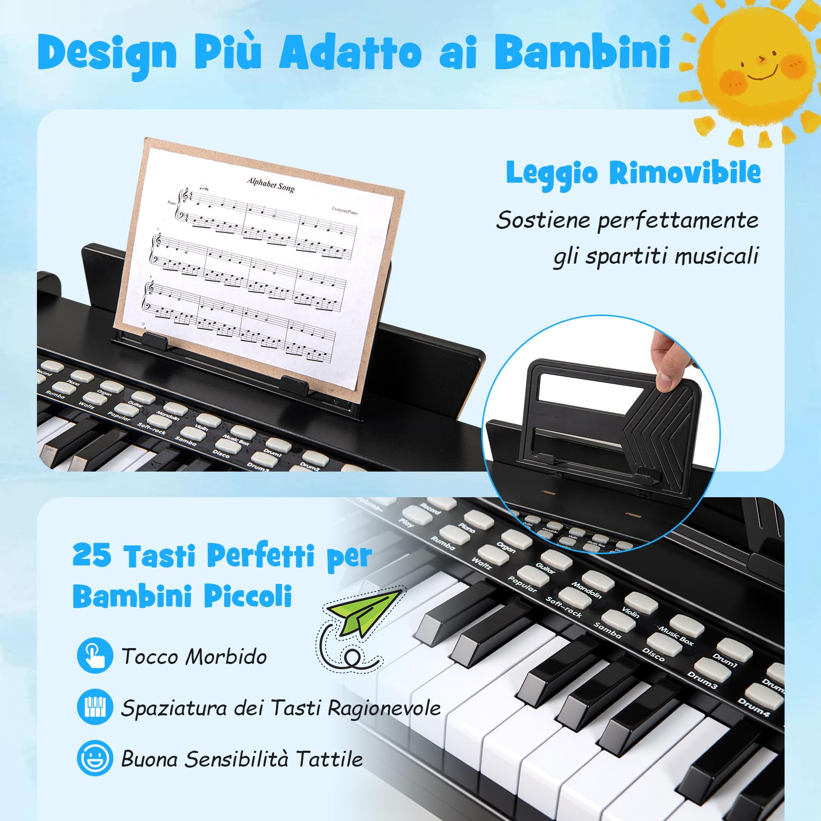 COSTWAY Tastiera Pianoforte per Bambini a 25 Tasti, Mini Pianoforte Digitale Giocattolo, con Velocità e Volume Regolabili, Tasto Luminoso e Leggio, Modalità Didattica, per 3+ Anni (Nero)