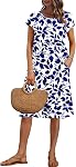 WNEEDU Women Summer Dresses Short Sleeve Knee-Length Round Neck Loose Dress
