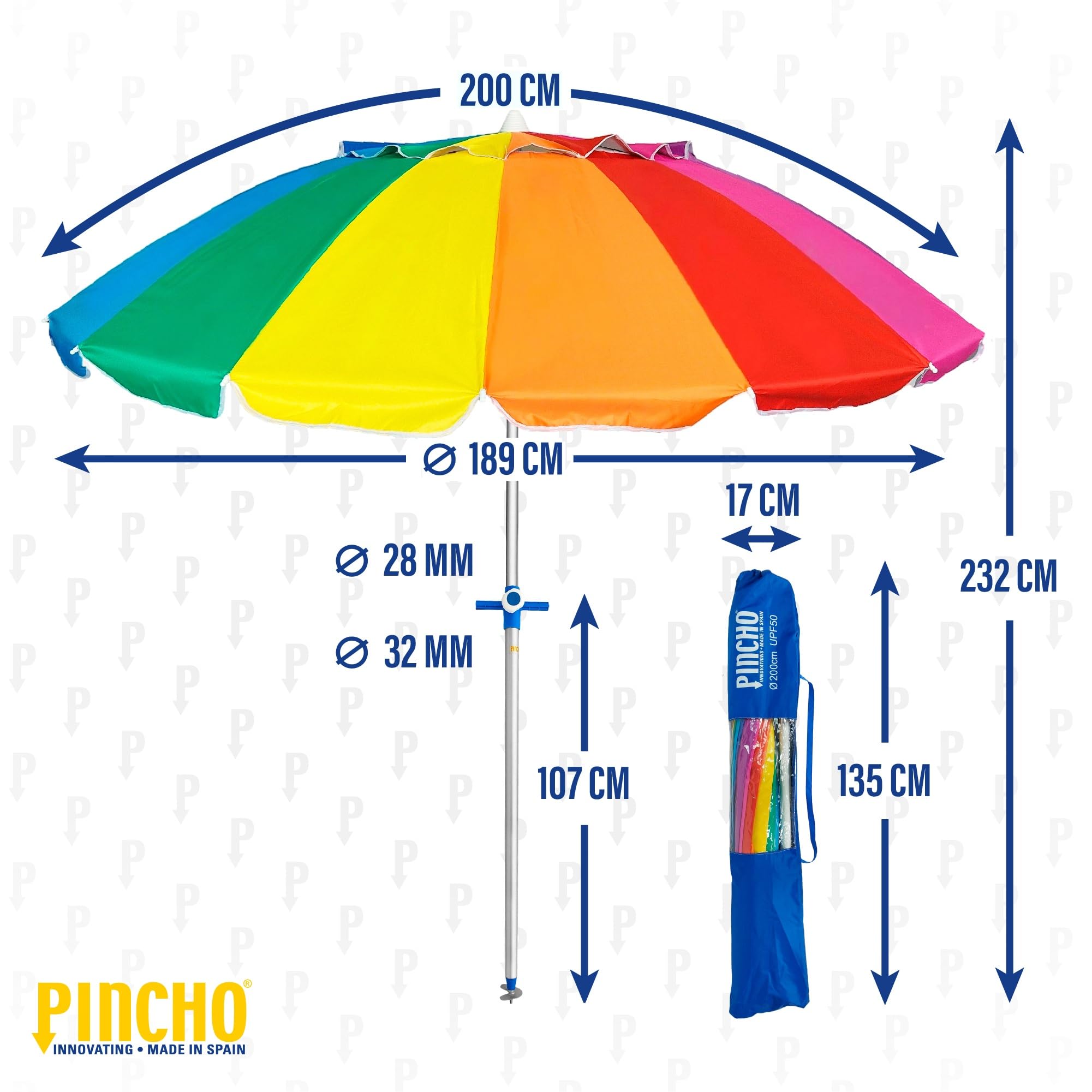 Pincho Sombrilla Playa Grande 200cm, Antiviento hasta 35km/h, Protección UV50+, Inclinable, 16 varillas fibra vidrio, Tubo Aluminio 28/32mm, ligera 2kg, Sombrilla Playa Plegable, Parasol Playa