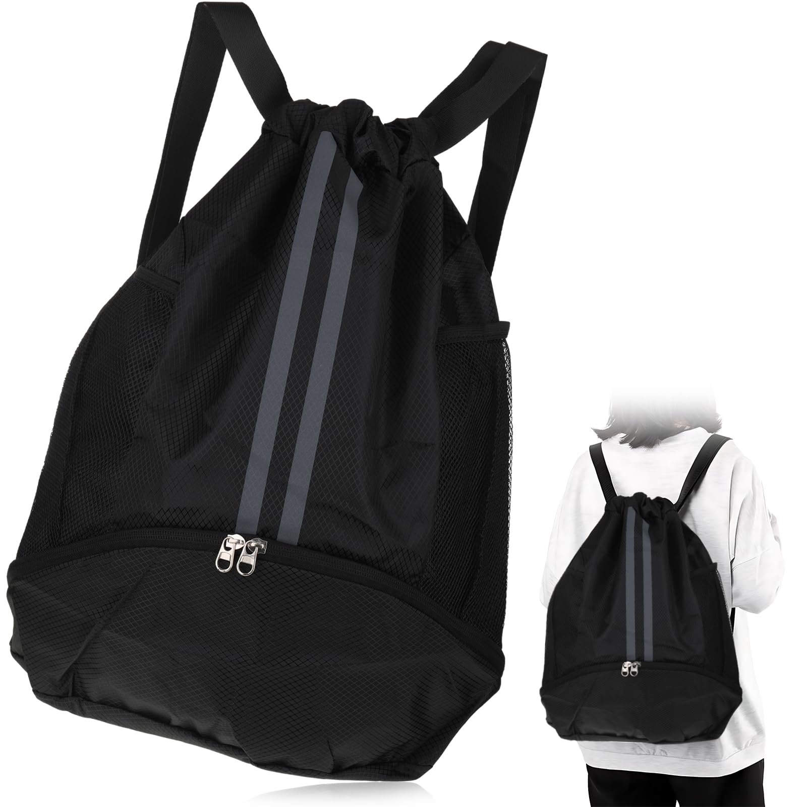 Black Waterproof Drawstring Gym Bag Students School Bag for Adults Kids PE Bag with Shoe Compartment Durable Sports Ball Bag with Shoe Compartment 2 Mesh Side Pockets, and Insided Separation Bag