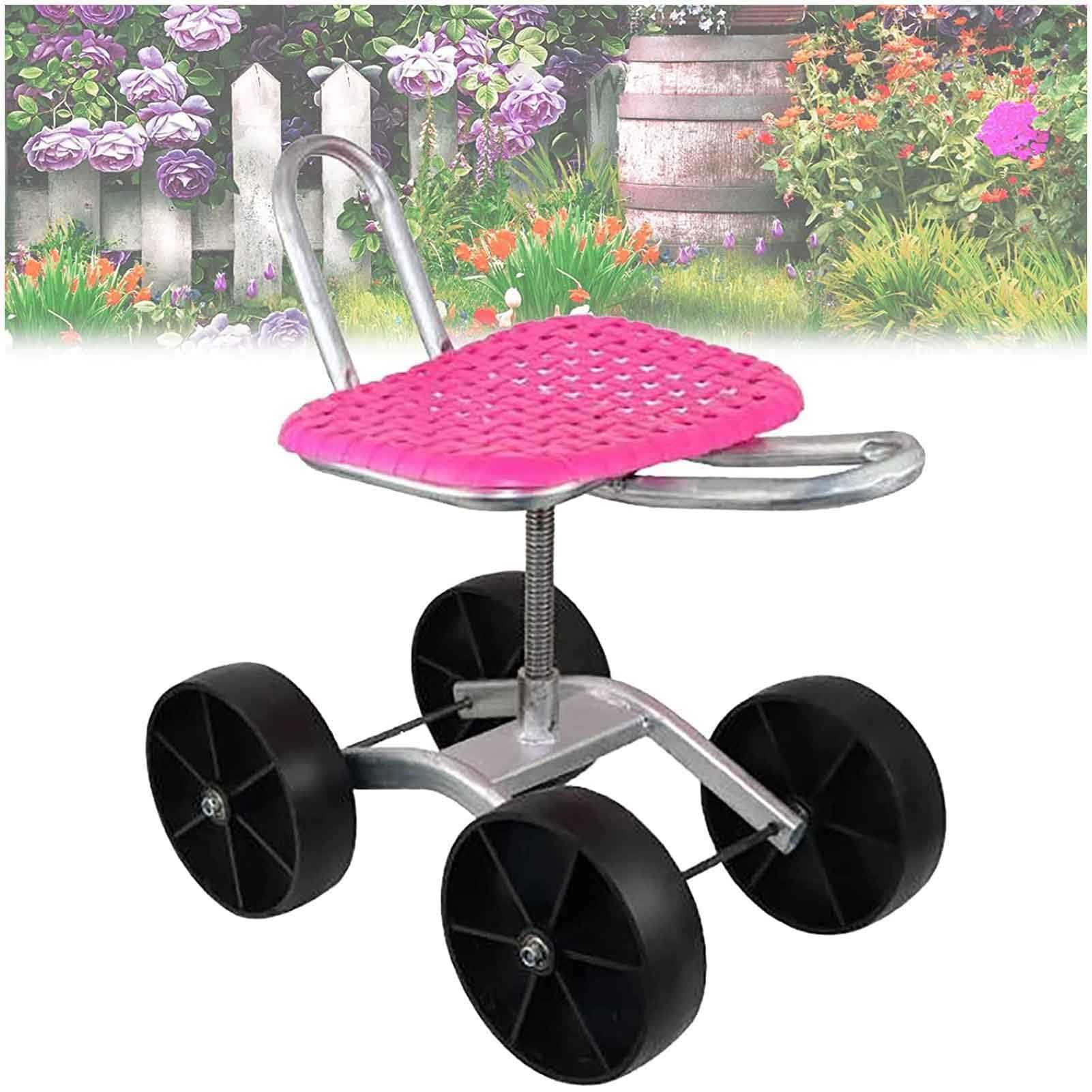 Seggiolino da lavoro da giardinaggio con 4 ruote, rotazione a 360°, altezza regolabile, carrello pieghevole per diserbo, piantare, cura del prato, rosa