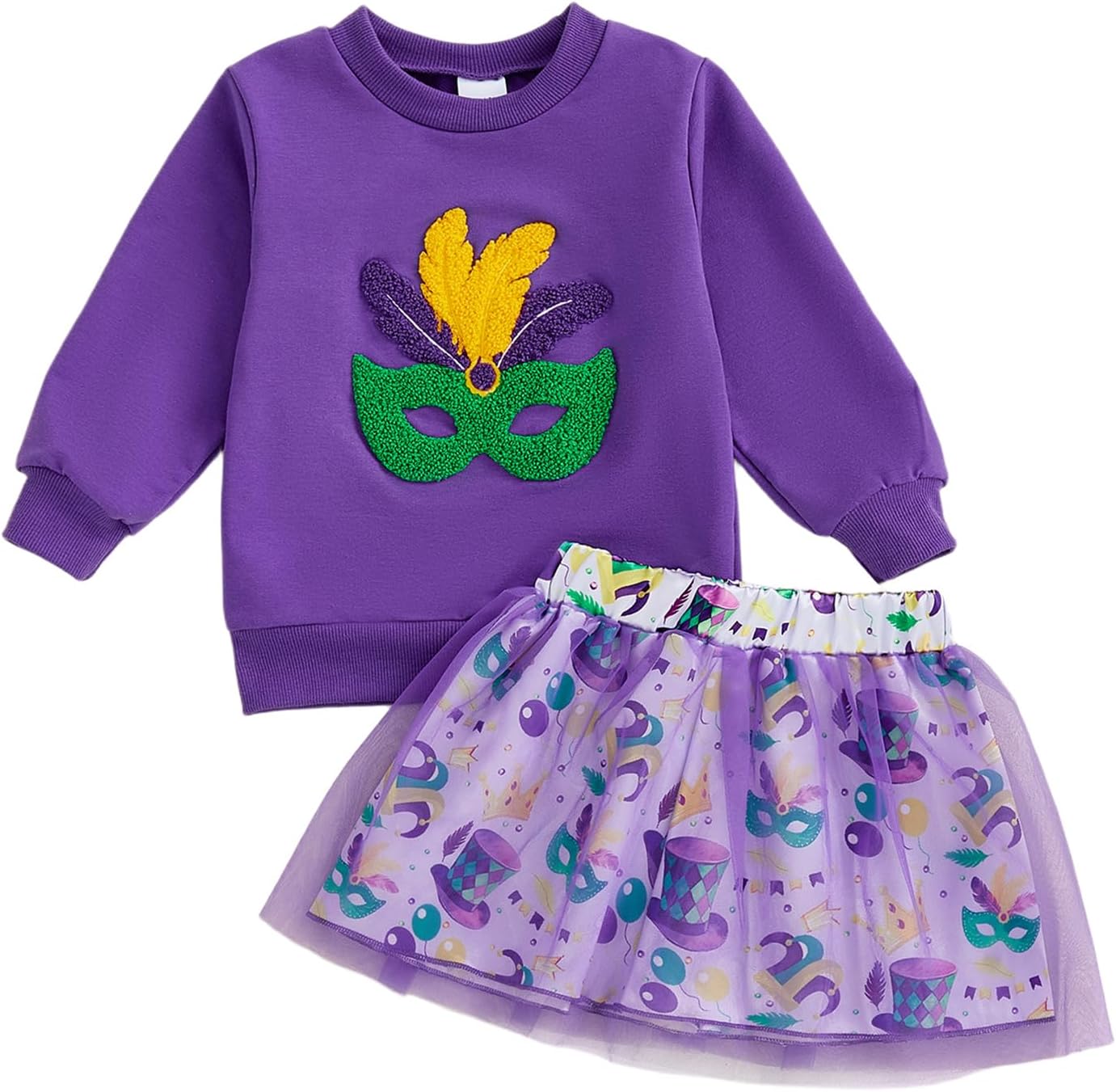 BemeyourBBs Kids Toddler Girl Mardi Gras Outfit Crewneck Sweatshirt Tutu Skirts Set 2 Piece Cute Little Girl Clothes