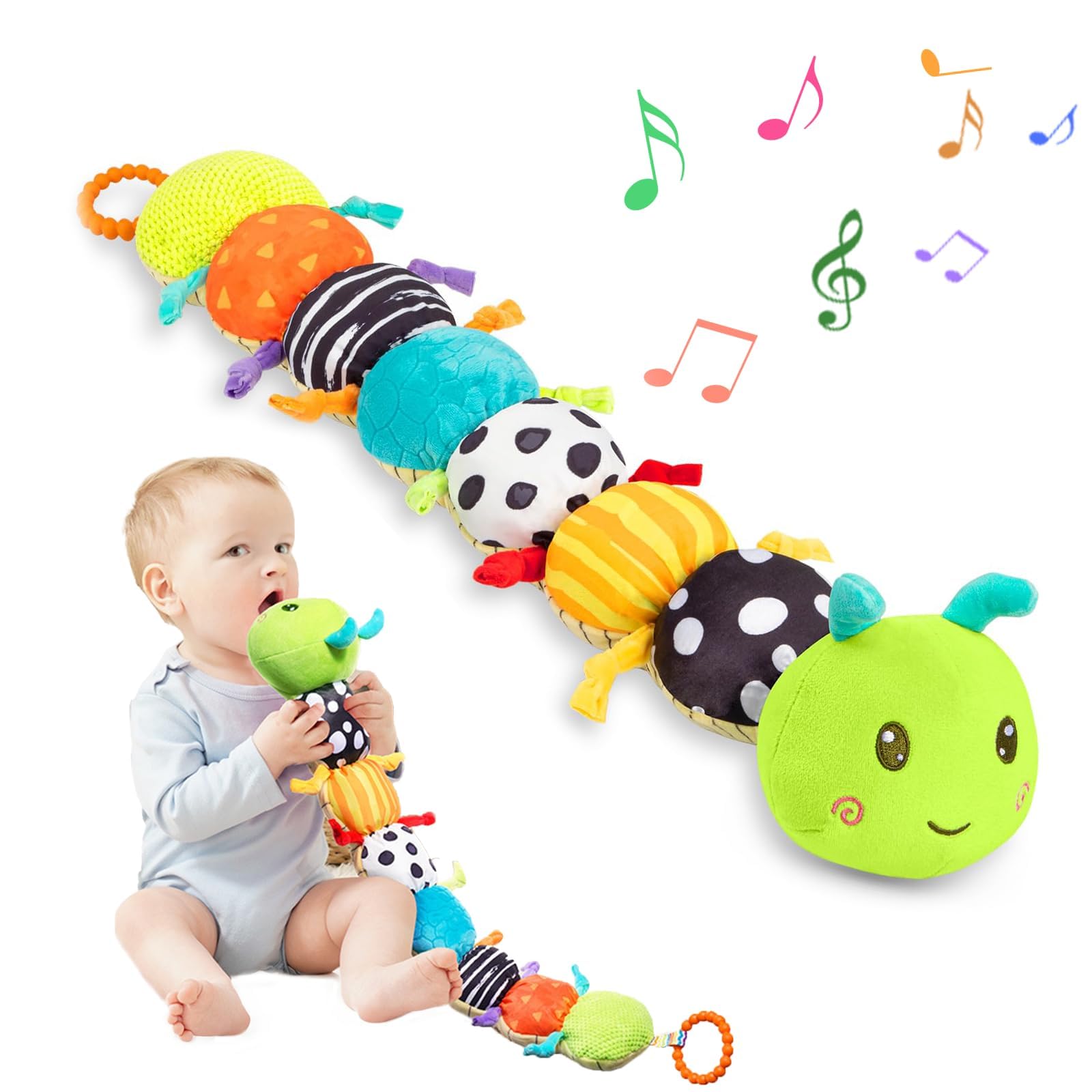 JiaQuenWex Musical Caterpillar Sensory Companion – Soft Plush With Crinkle Sounds & Mirror, Perfect For Tummy Time & Nursery Comfort, Developmental Home & Travel Accessory