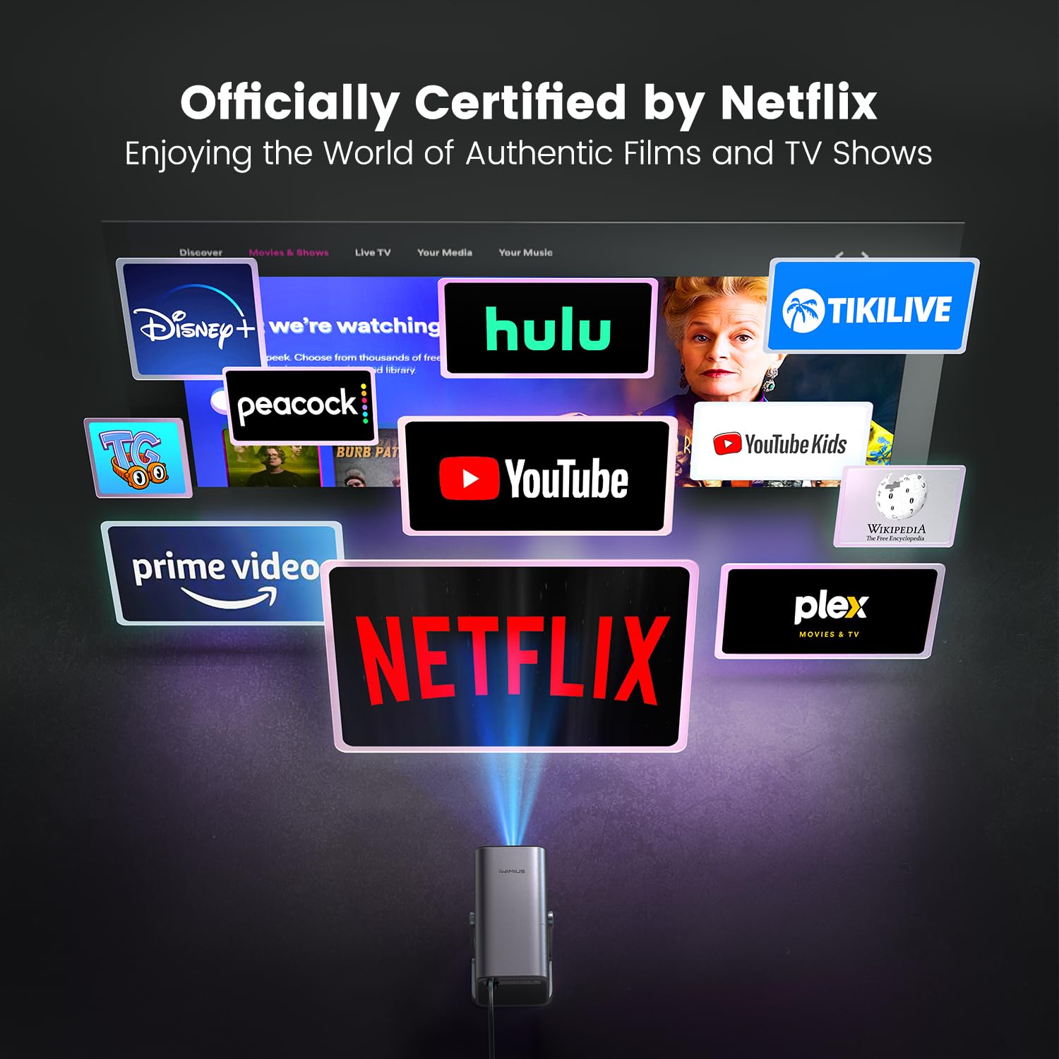 Netflix-Licensed?20W Dolby Audio?360°Adjustable Stand: Smart 4K Projector with WiFi 6 and 2-Way Bluetooth, Electric Focus & Auto Keystone, iWIMIUS 1080P Mini Portable Outdoor Proyector w/ HDMI ARC