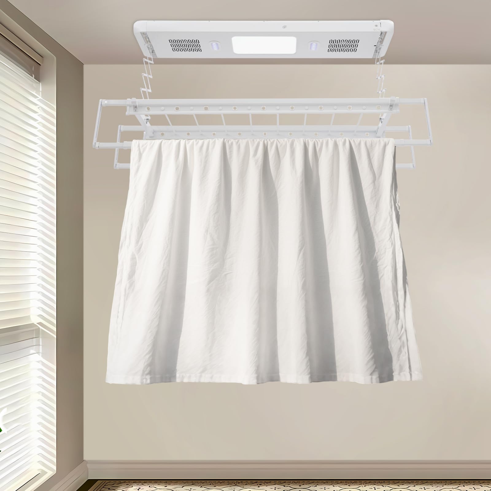 Elektrischer Wäscheständer mit Fernbedienung 24W LED Light Elektrischer Kleiderstange 130-215 cm Decken-Wäscheständer für Hausbalkone, Badezimmer und andere Gelegenheiten (Weiß)