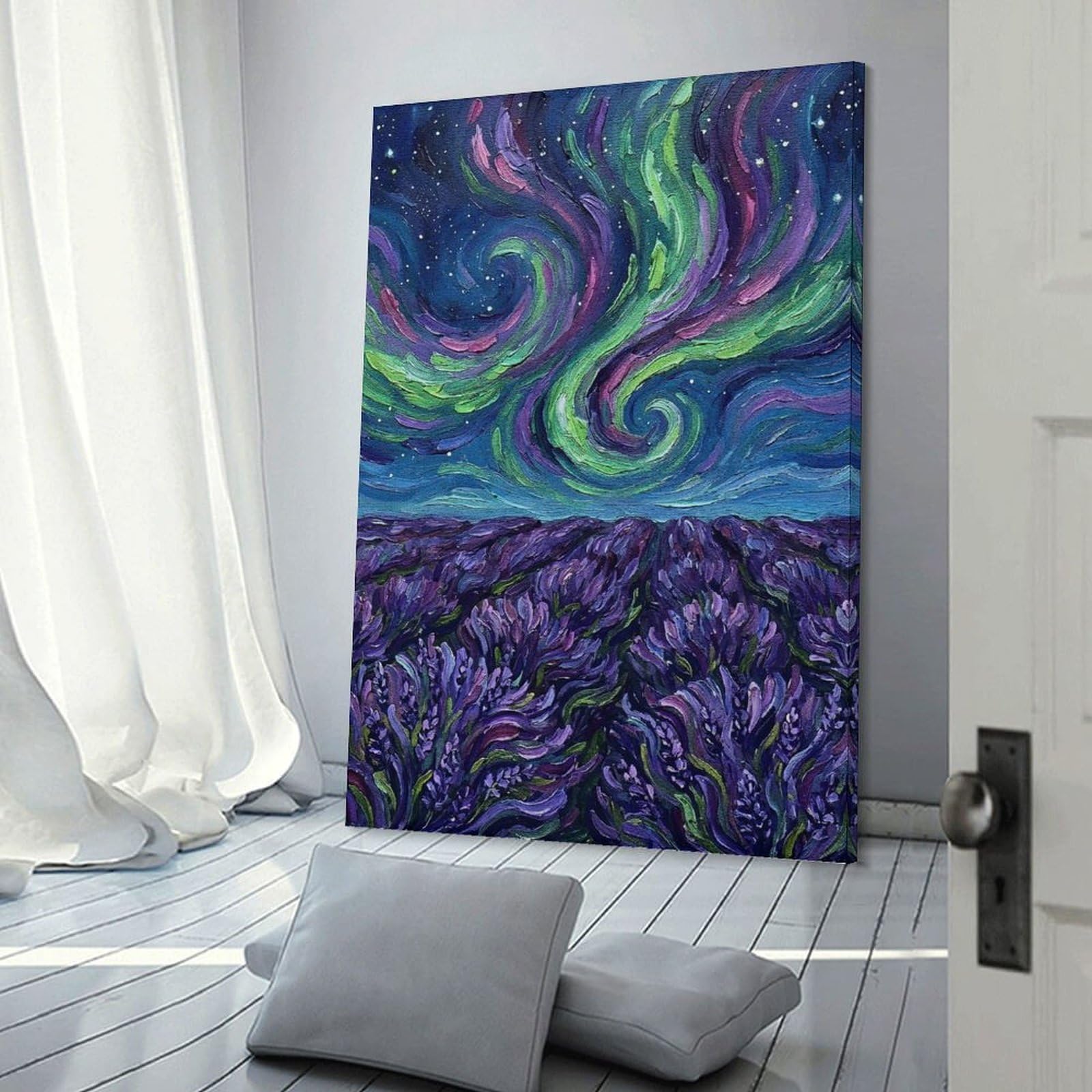 Junmoney Lavender Field Under Aurora Painting Canvas Wall Art, 20x30inch(50x75cm), for Bedroom Decor, Cosy Corners Or Studios, Stylish Decor for A Restful Room Update