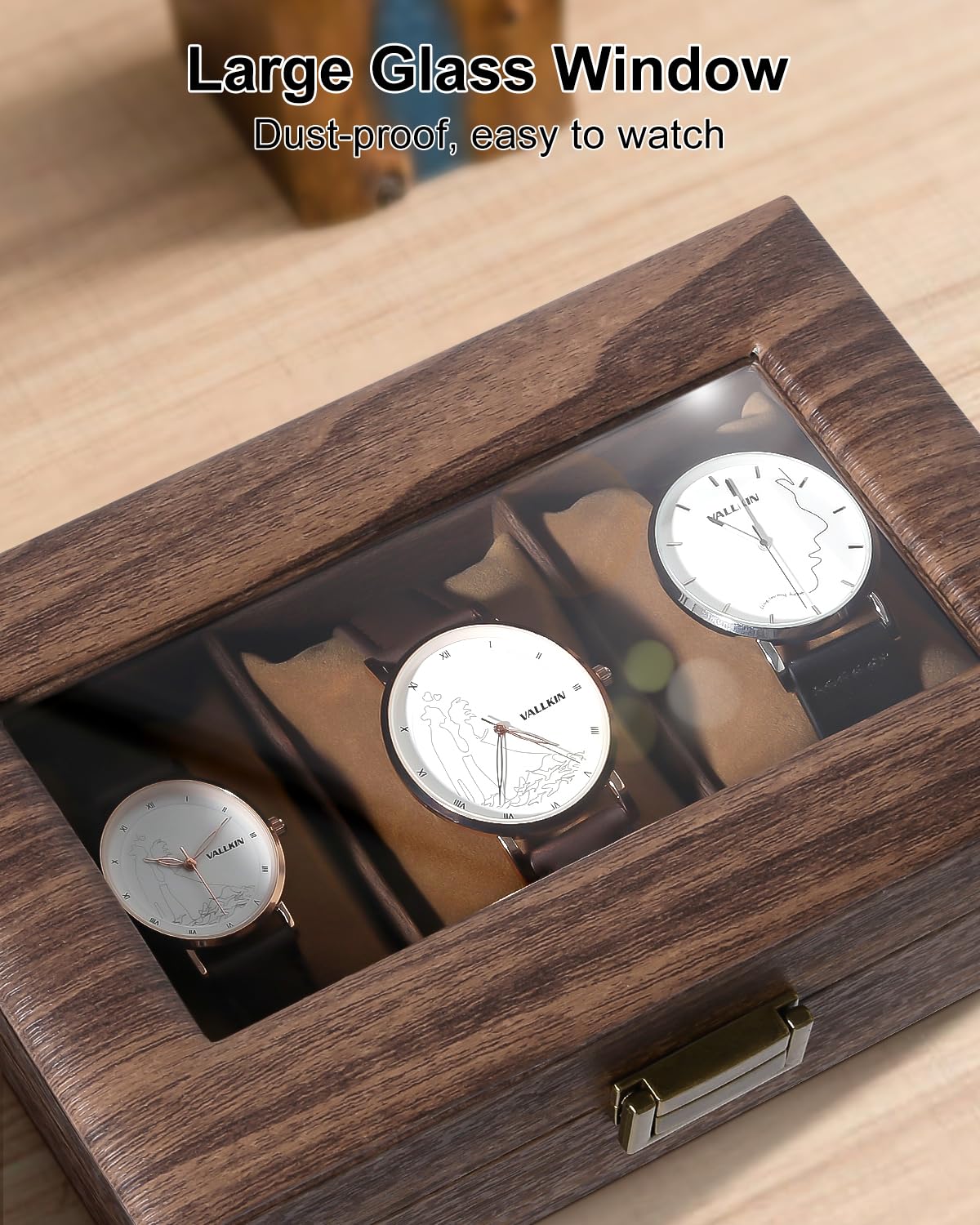 Uten Pudełko na zegarek z 3 przegródkami, etui na zegarek ze szklaną pokrywką, pudełko do przechowywania zegarków ze zdejmowanymi poduszkami do zegarków z imitacji zamszu, metalowe zapięcie, pomysł na