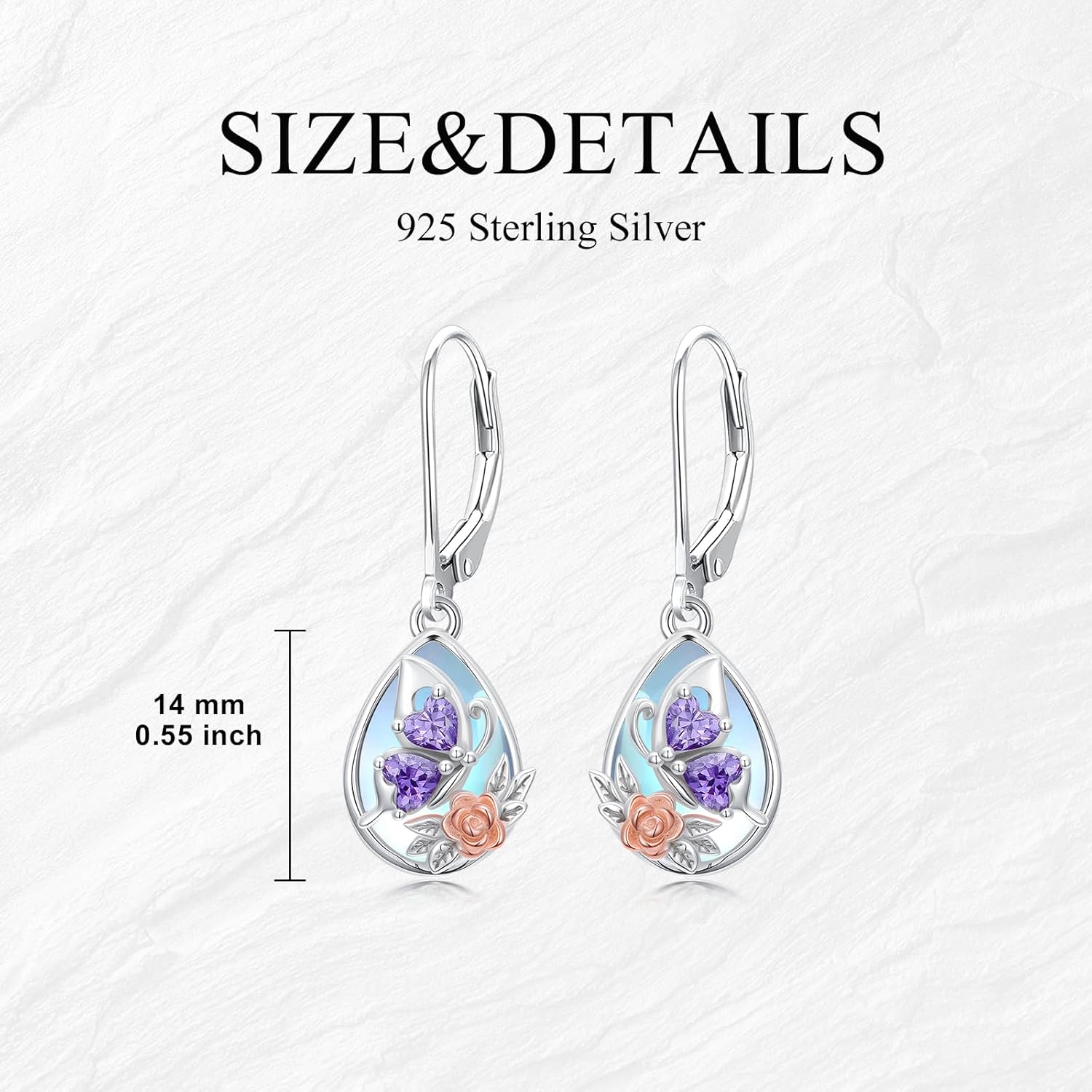 Moonstone Earrings Sterling Silver, Butterfly Earrings with Amethyst, Teardrop Dangle Earrings for Women, Hypoallergenic French Hook - Image 4