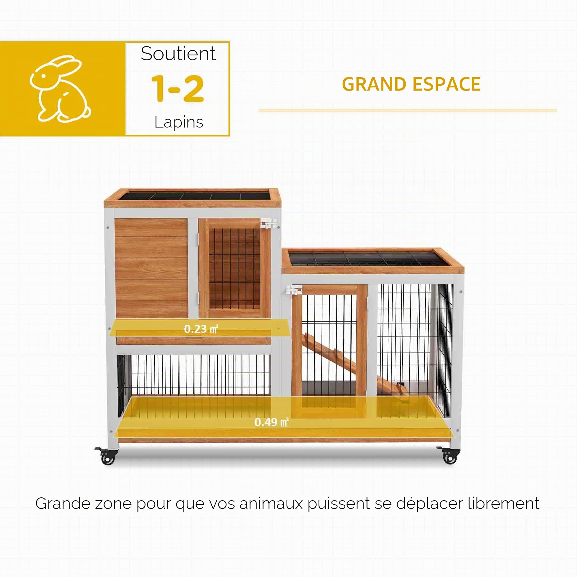 PawHut Cage en bois pour lapins à 2 niveaux avec roues, portes, rampe d’ouverture et 2 plateaux amovibles, clapier pour intérieur 110x50x88 cm naturel et blanc